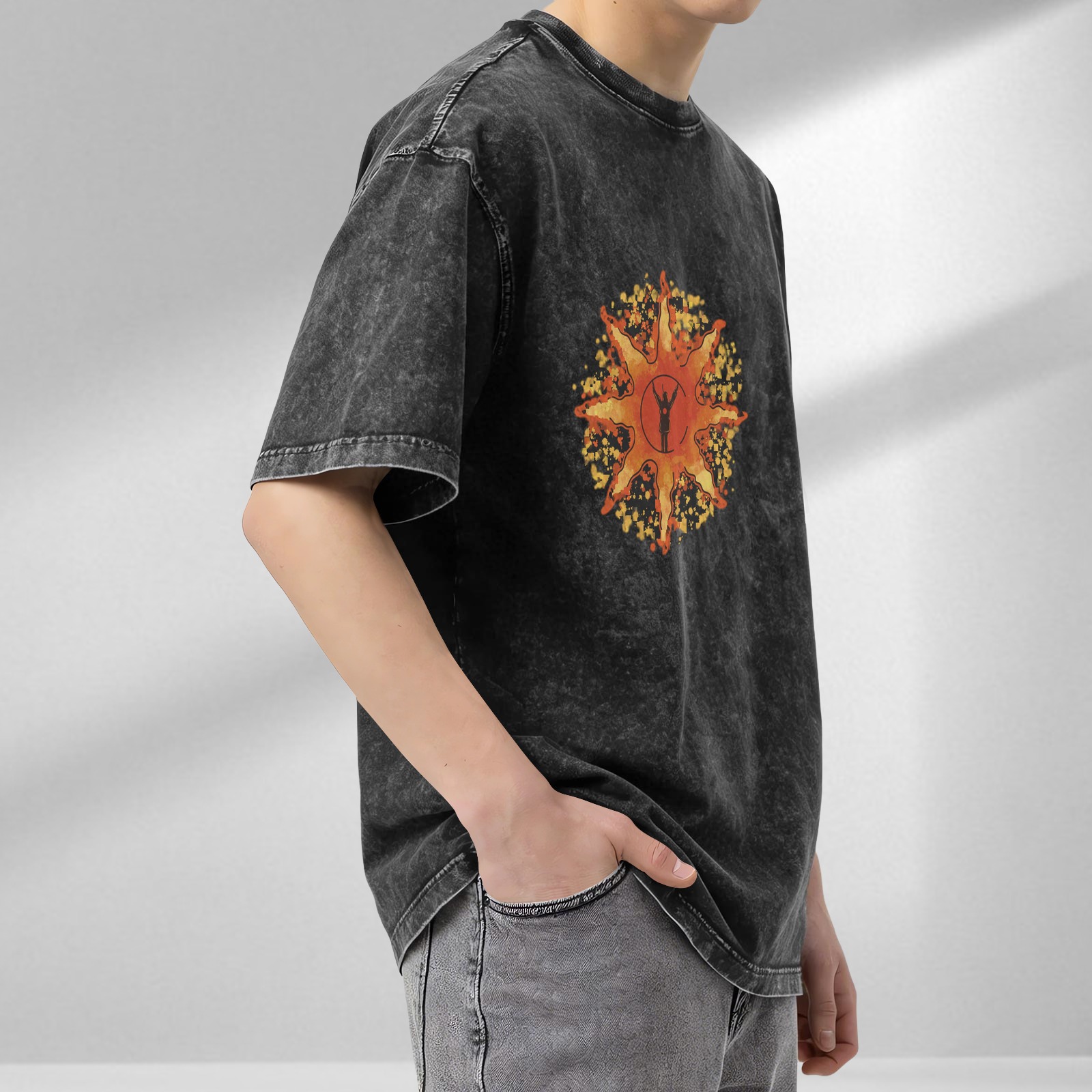 Washed Black T-Shirt With Sunburst Knight Graphic