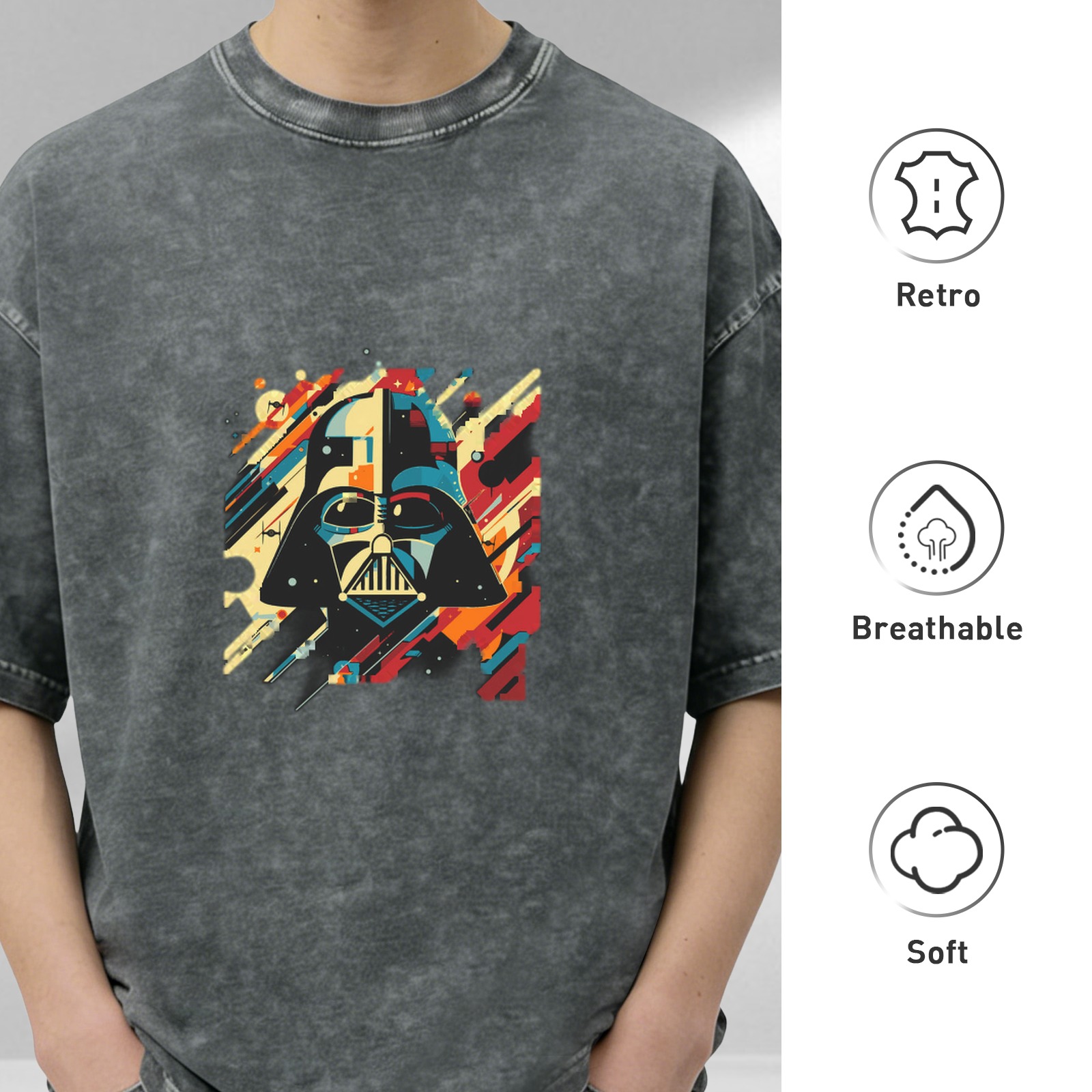 Washed Black T-Shirt with Retro Darth Vader Graphic Print