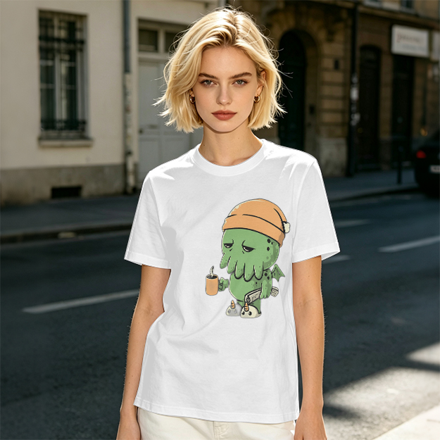 Olive T-Shirt With Sleepy Cthulhu Holding Coffee And Phone