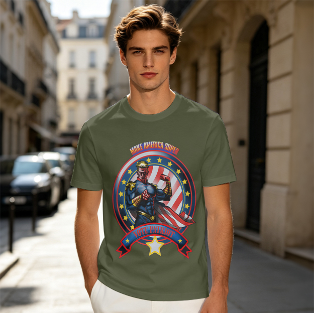 Olive t-shirt with patriotic superhero 'Make America Super' graphic