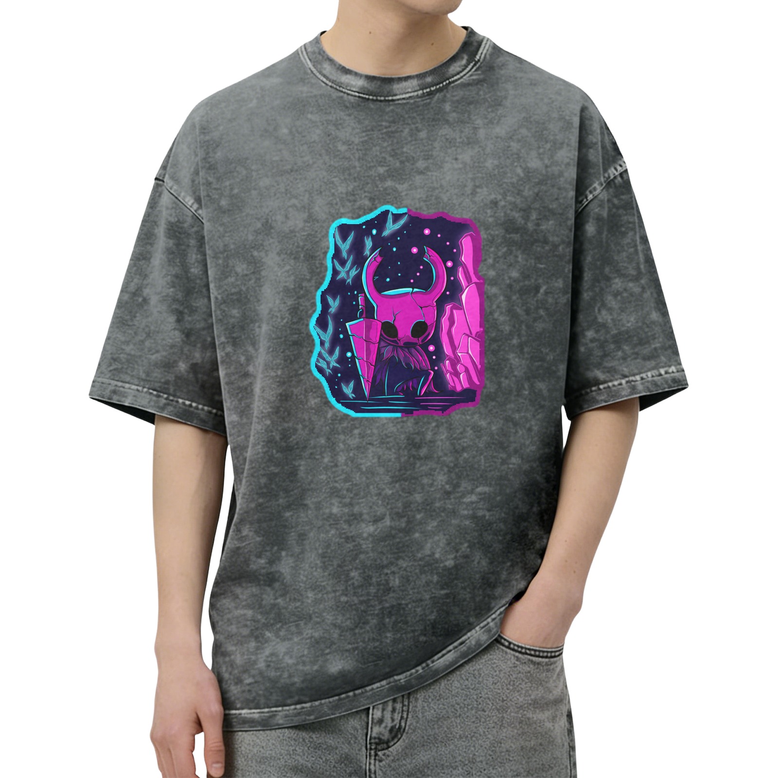 Hollow Knight neon style print distressed washed black loose short-sleeved T-shirt