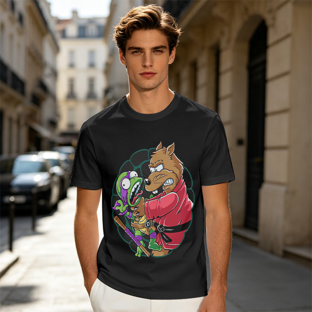 Olive T-shirt with Splinter Grabbing Donatello Ninja Turtle Art