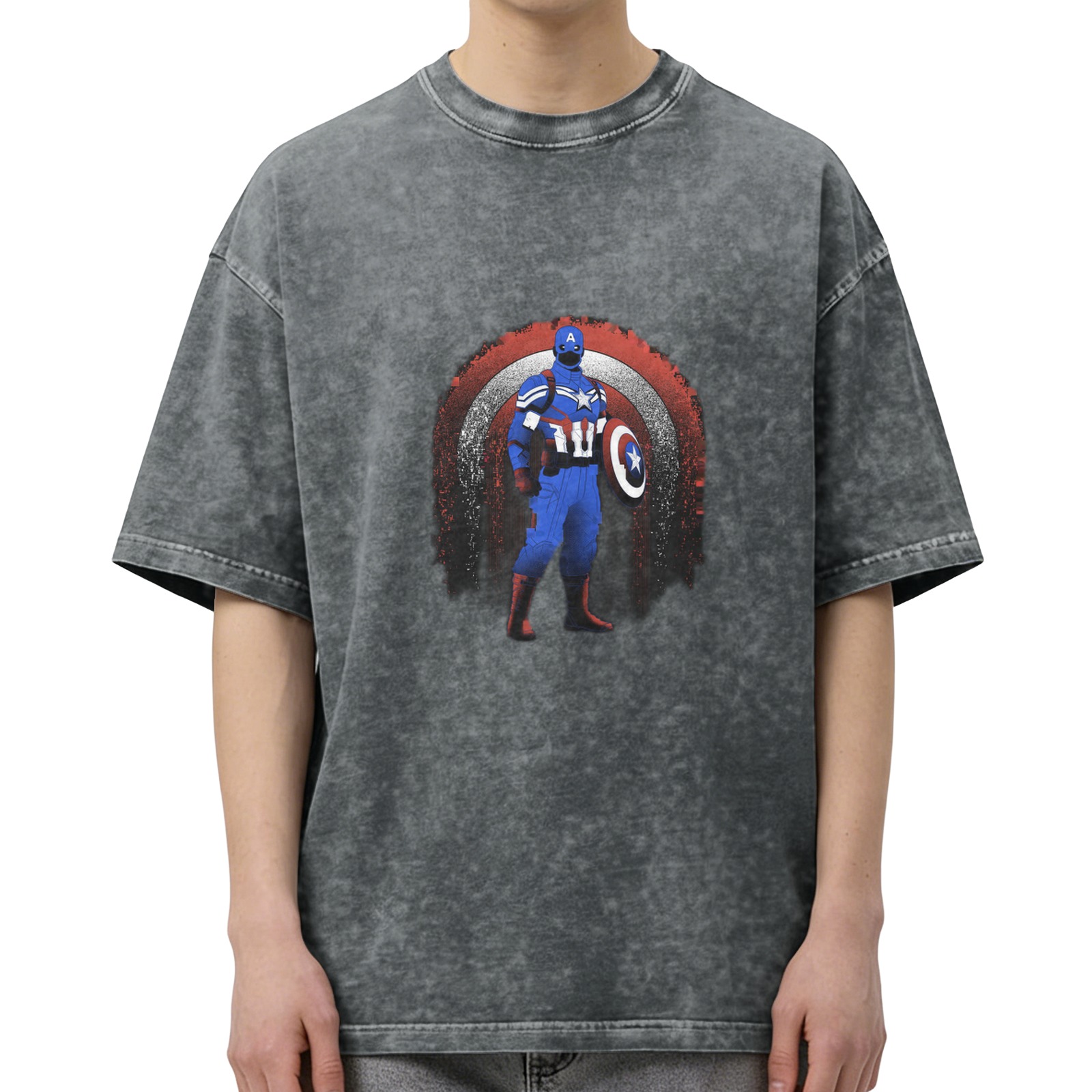 Washed Black T-Shirt with Captain America Graphic Print