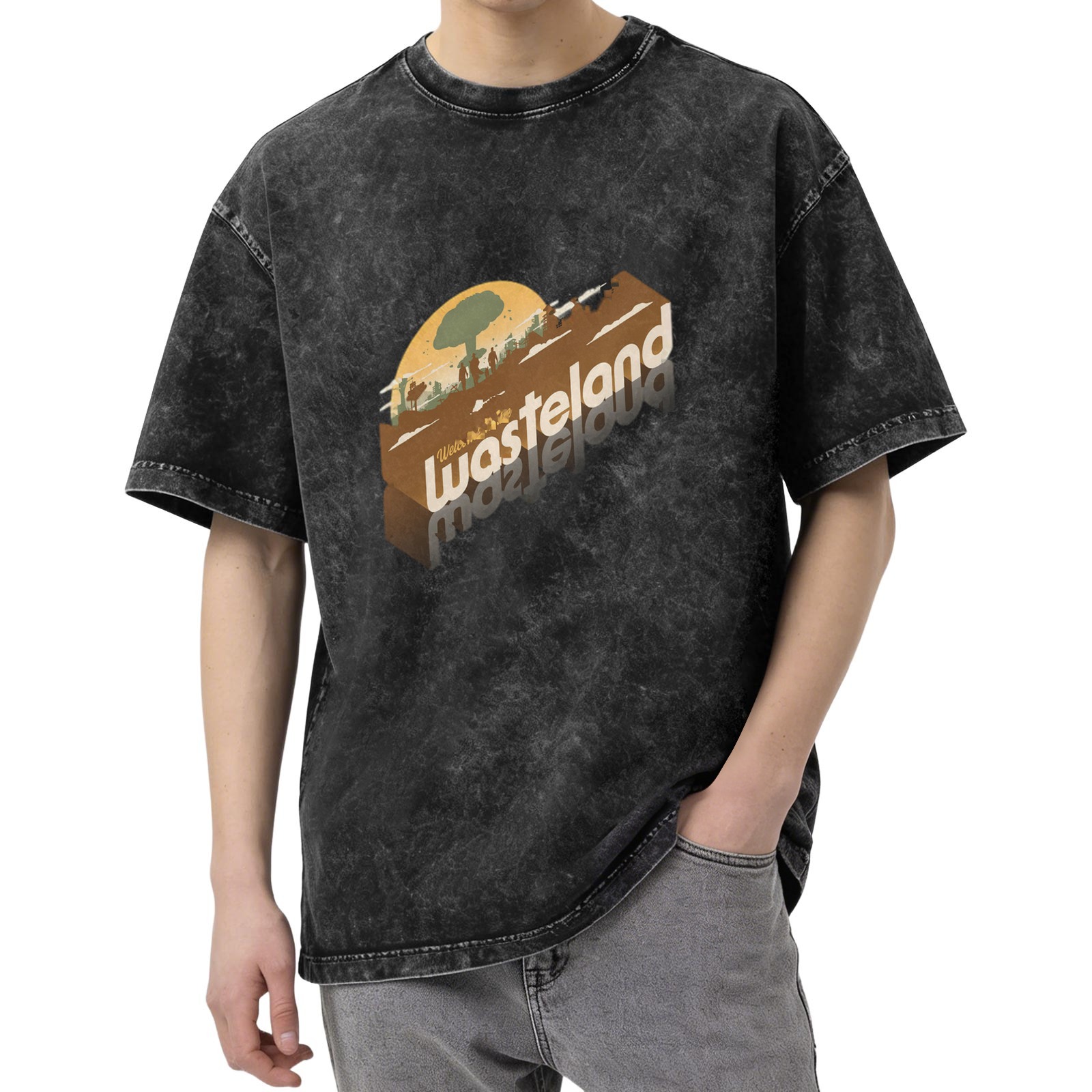 Oversized Acid Wash T-Shirt with Wasteland Graphic Print