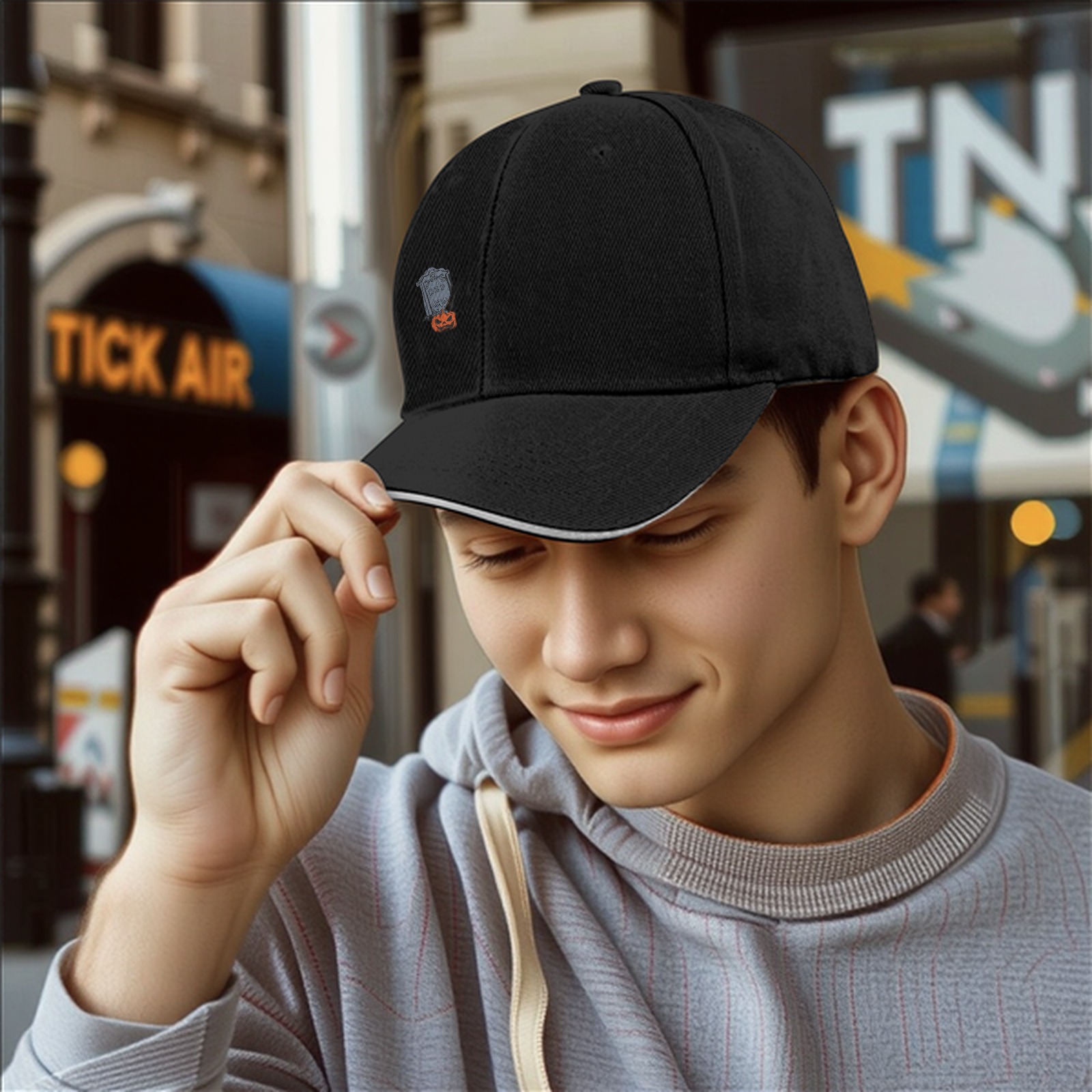 Black Baseball Cap with Halloween Tombstone and Jack-o'-lantern Graphic