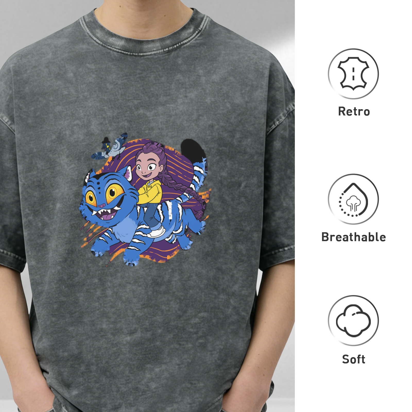 Washed black graphic t-shirt with cartoon girl riding blue fantasy cat design
