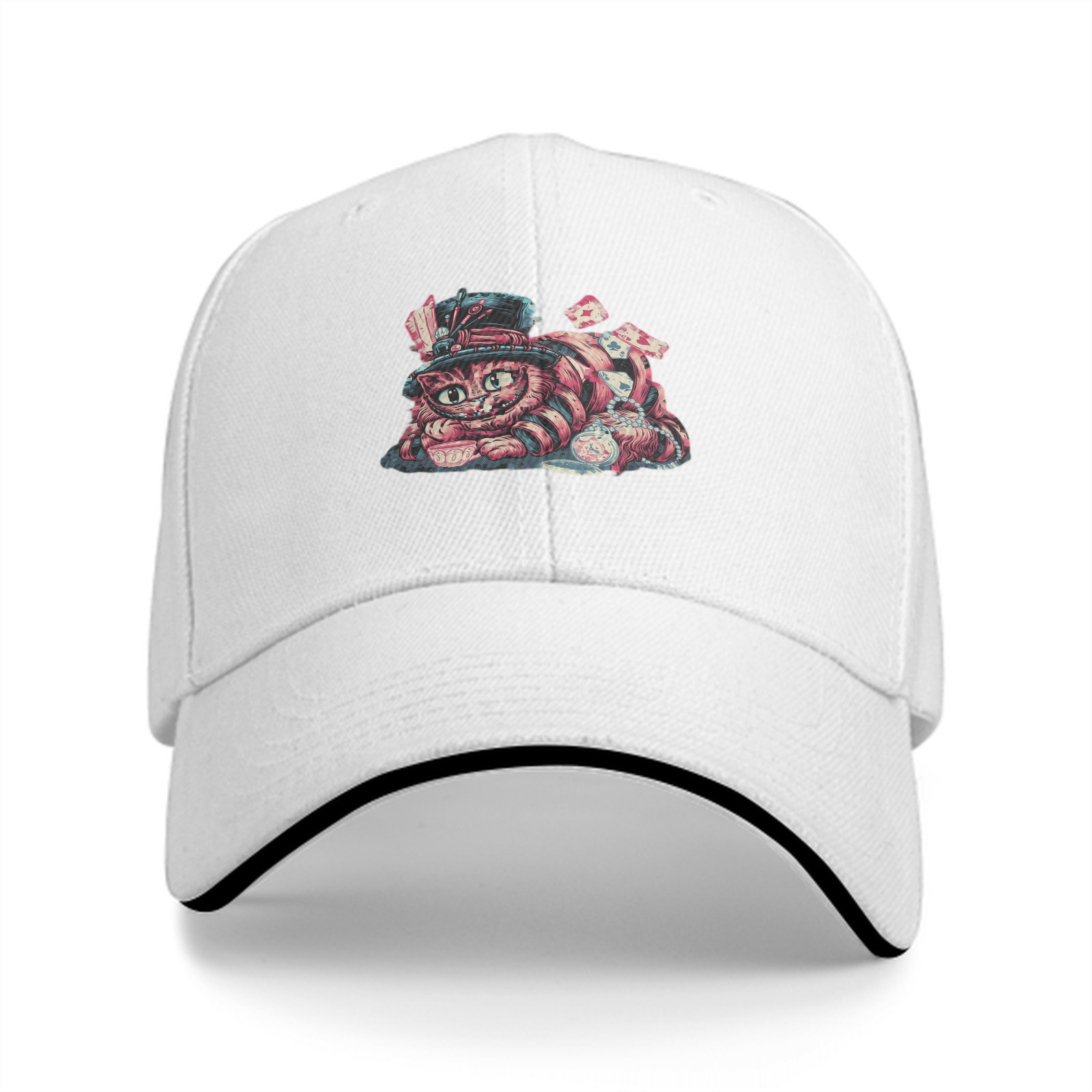 Black Baseball Cap with Whimsical Wonderland Cat Art Print