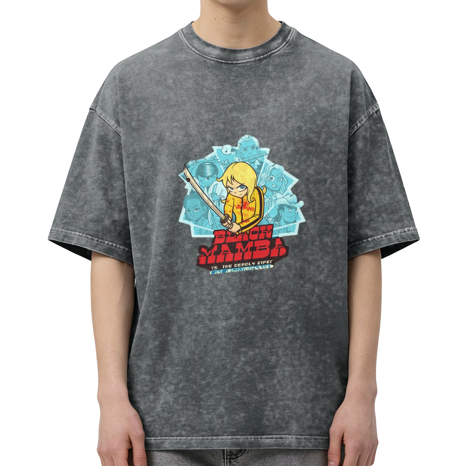 Washed distressed black short-sleeved T-shirt Kill Bill themed cartoon print Black Mamba pattern top