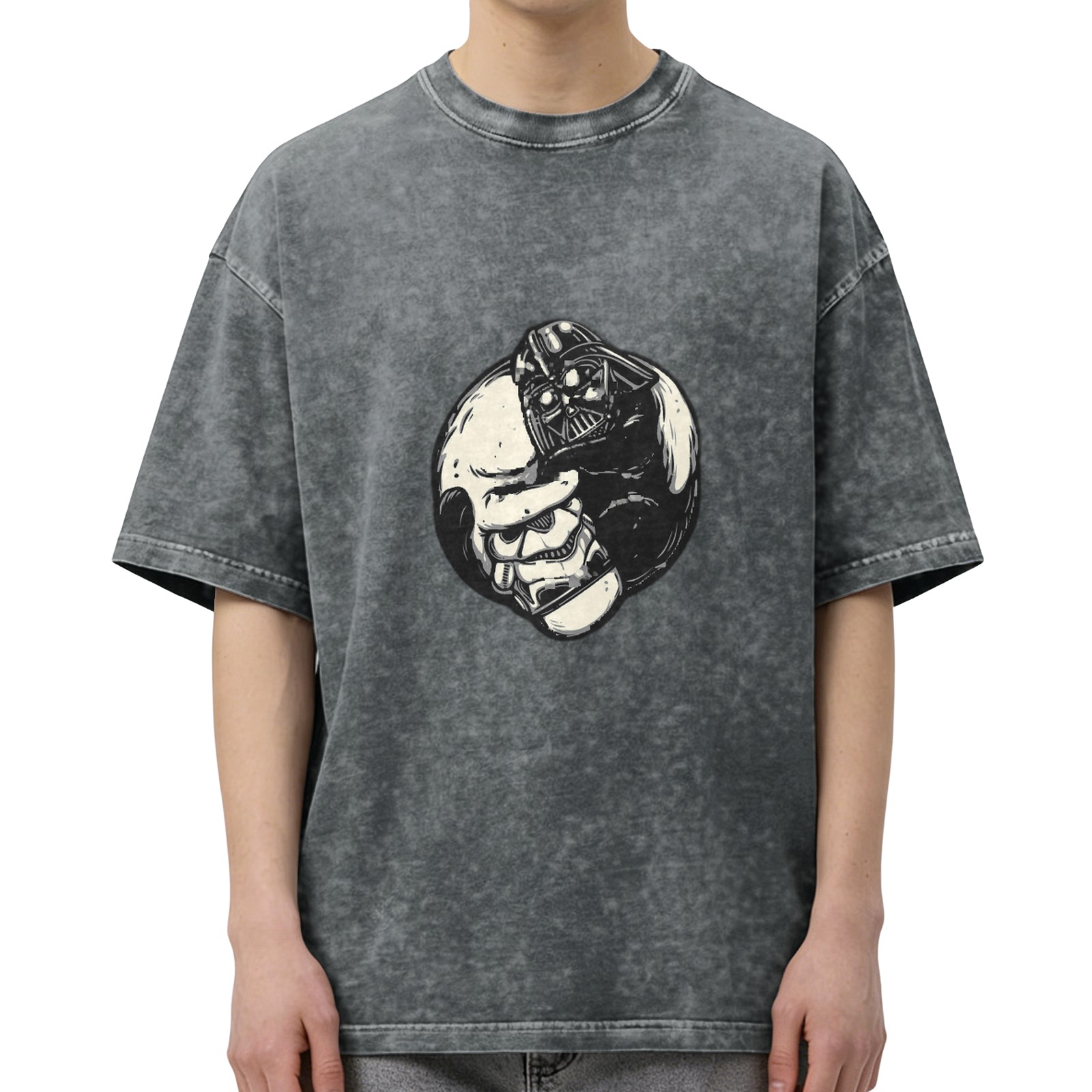 Washed Black Oversized T-Shirt with Split Darth Vader Skull Graphic