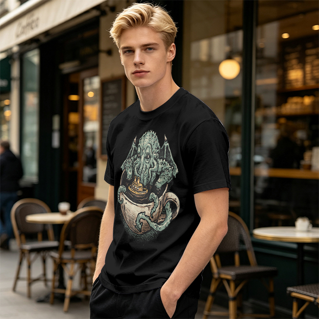 Cthulhu in a teacup with tiny ship graphic t-shirt