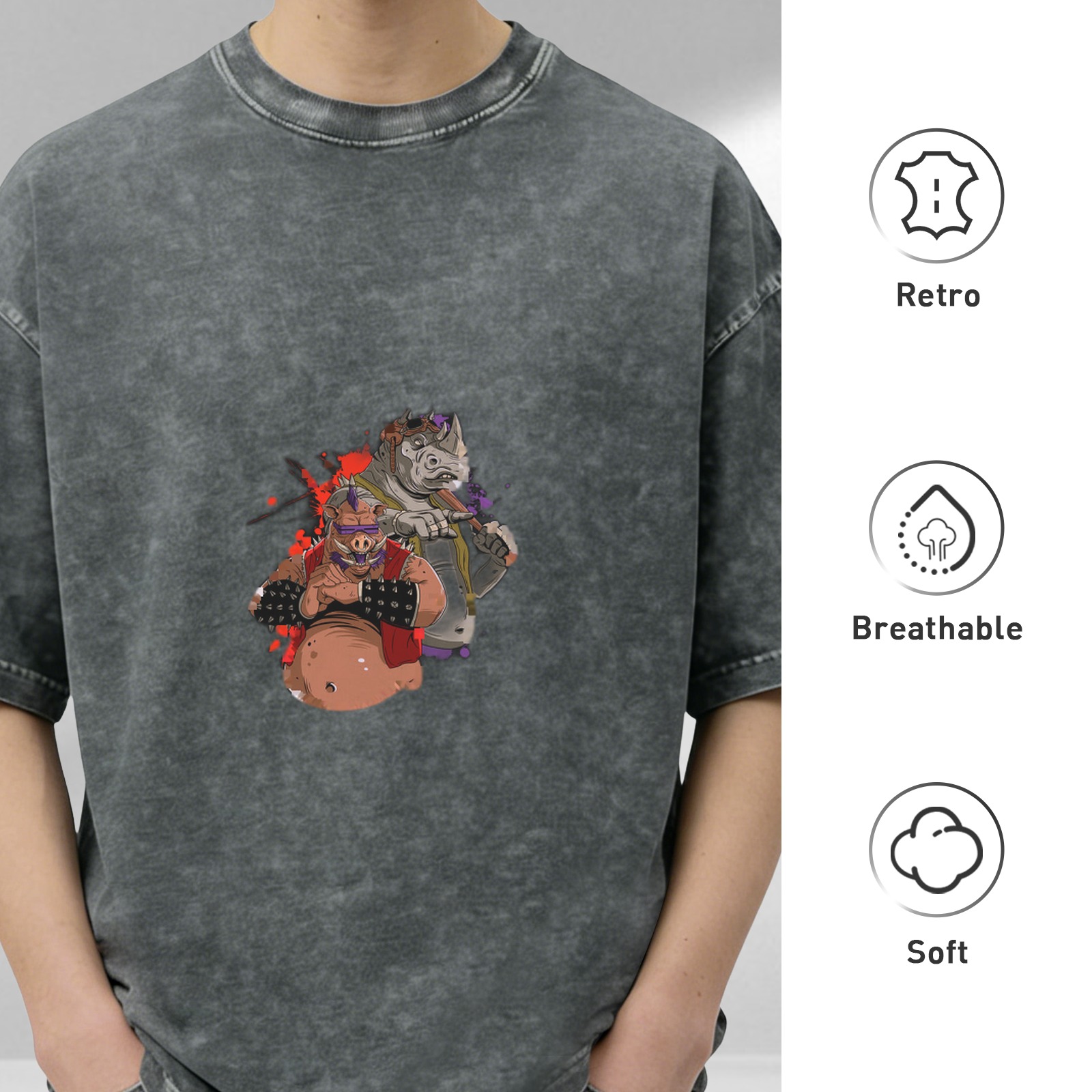 Washed Black Oversized T-Shirt With Bebop And Rocksteady Graphic