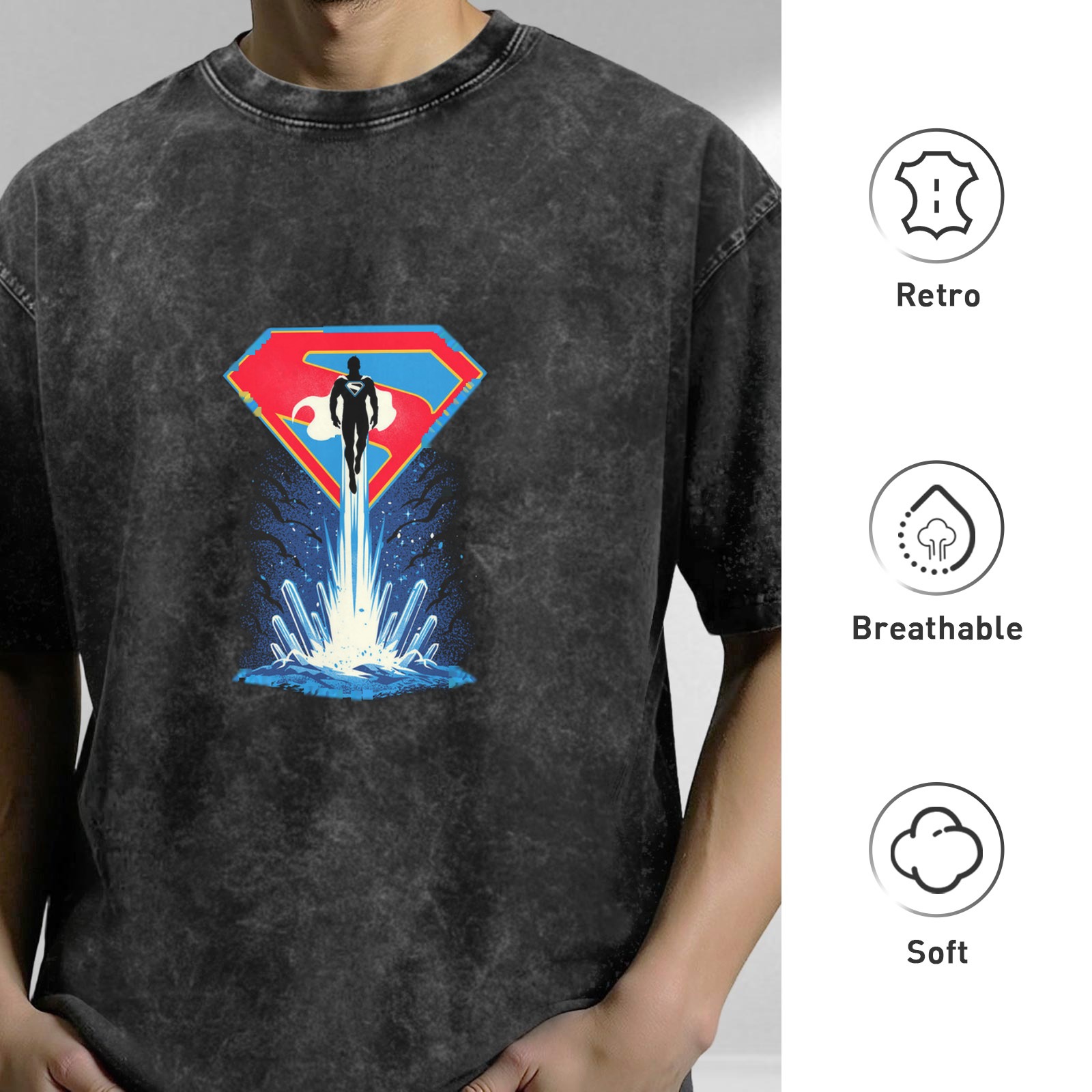 Washed Black T-Shirt with Superman Flying From Water Graphic