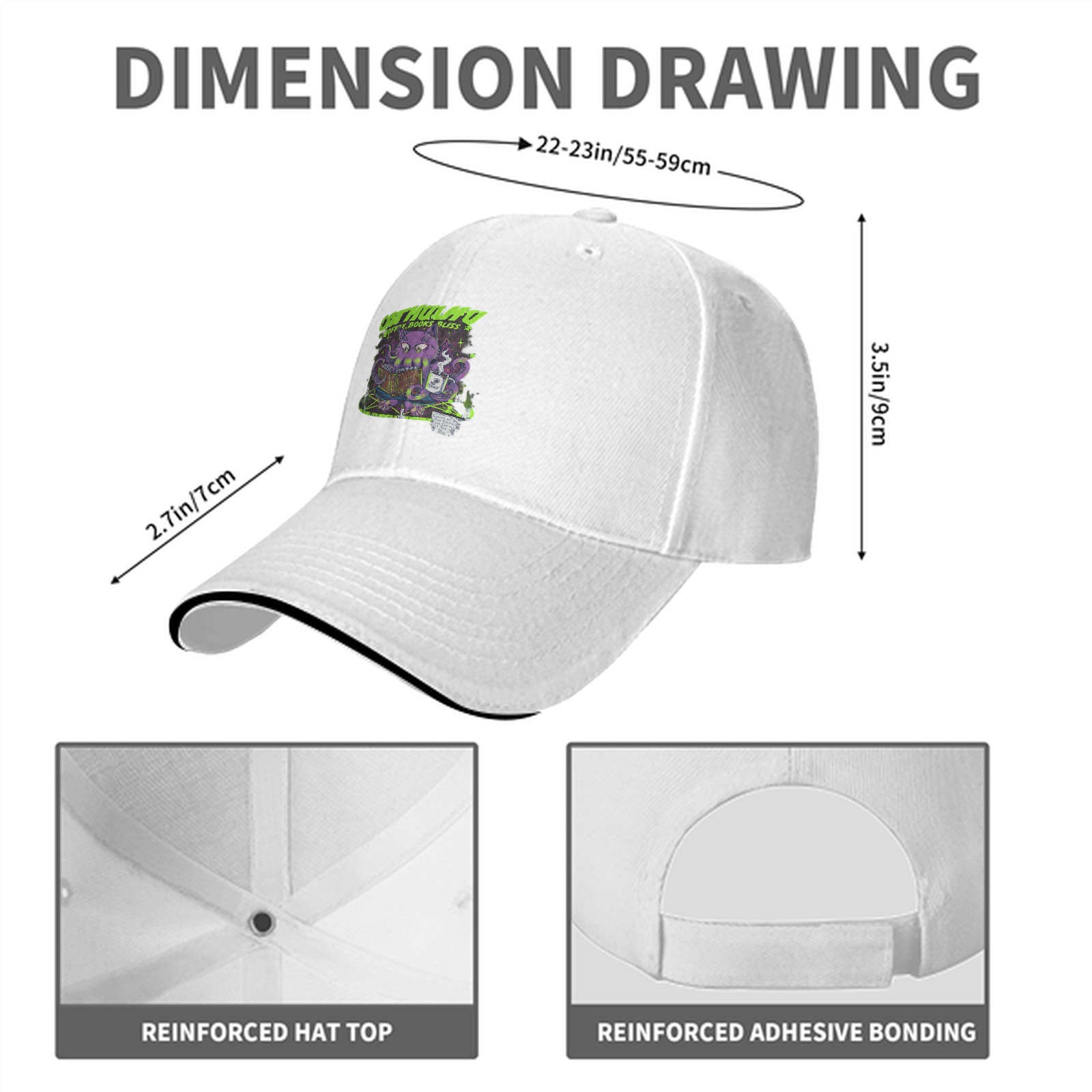 Black baseball cap with Cathulhu coffee and books graphic