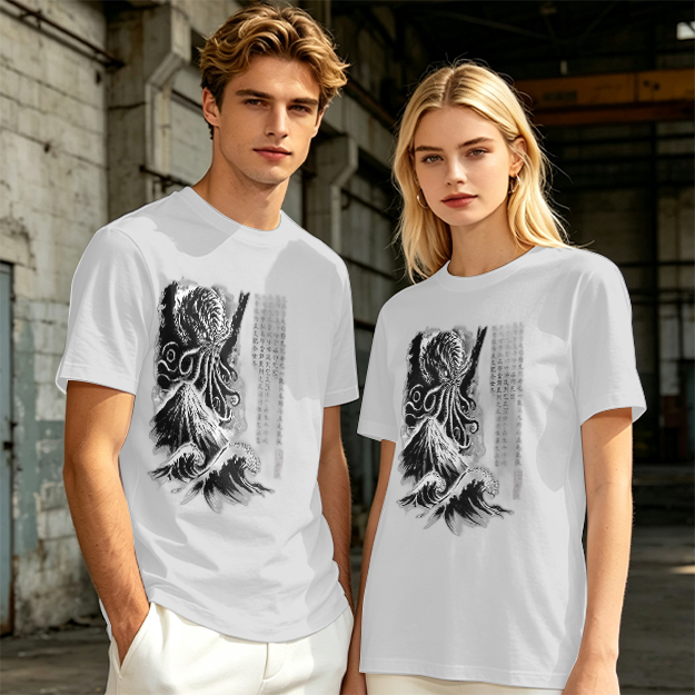 Olive T-shirt with Cthulhu and Wave Gothic Art Print