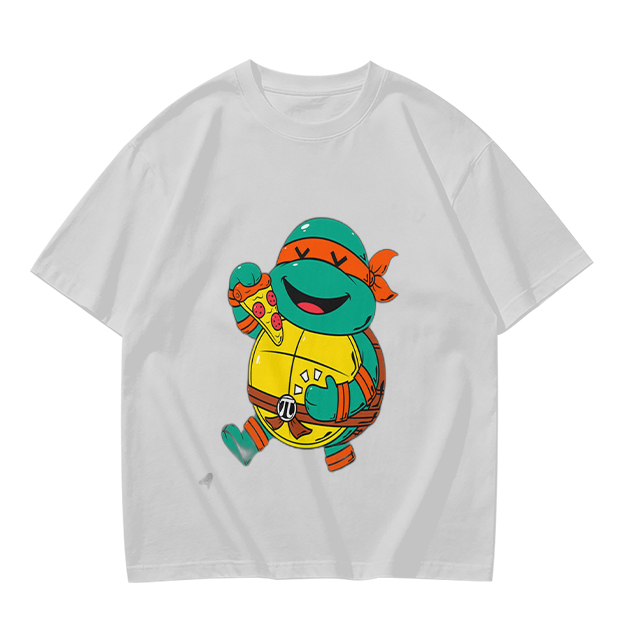 Olive T-shirt with cartoon ninja turtle holding pizza graphic