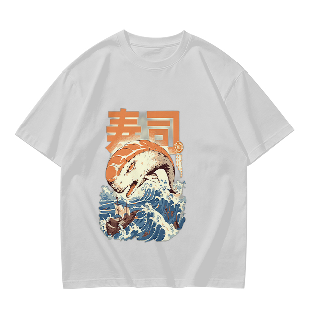 Olive t-shirt with sushi monster and great wave graphic