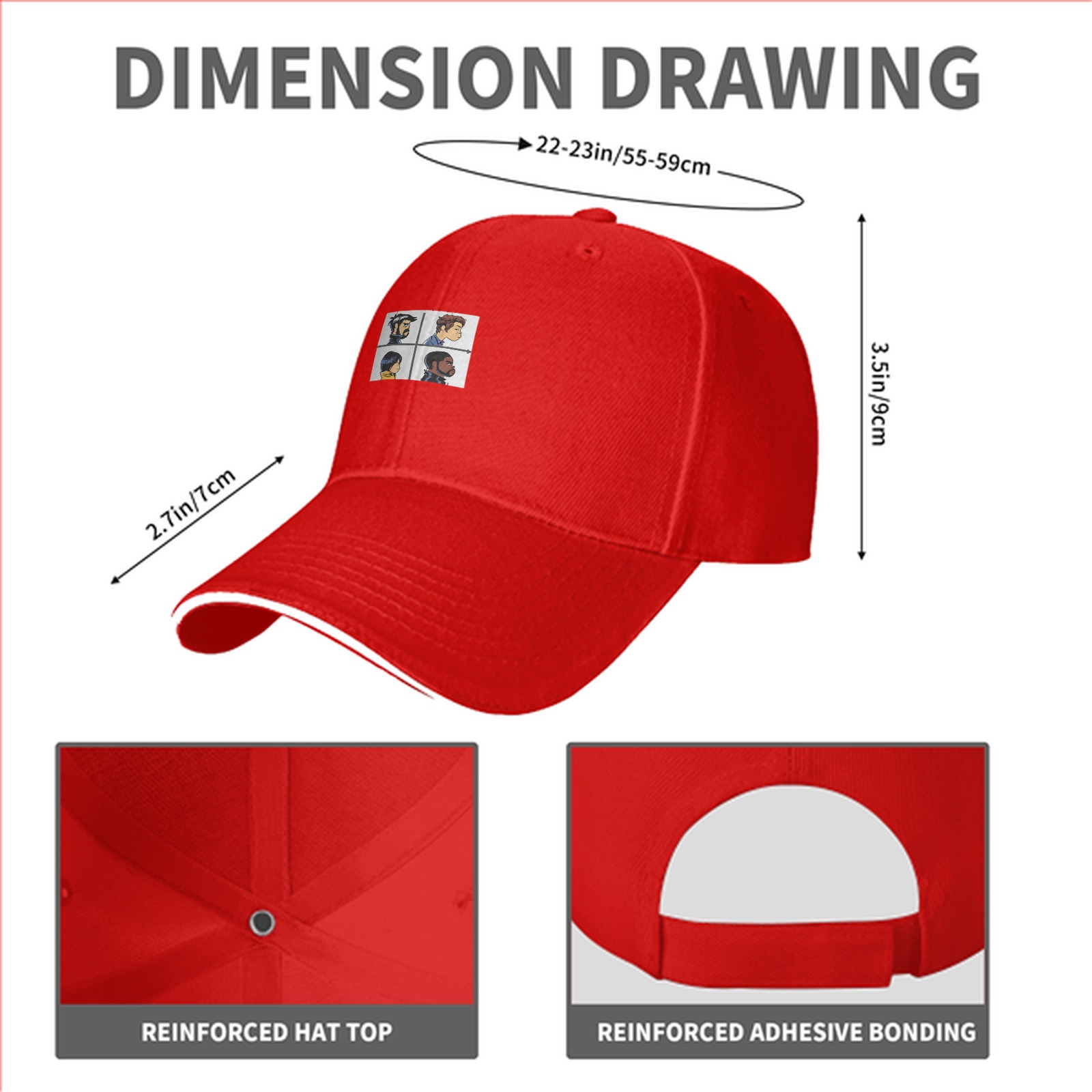 Black Baseball Cap With Four Character Profile Print Design