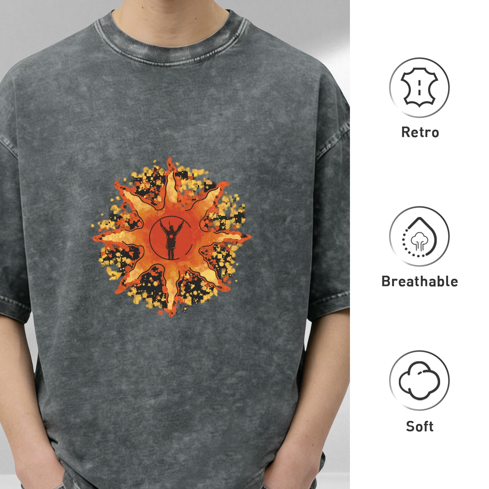 Washed Black T-Shirt With Sunburst Knight Graphic