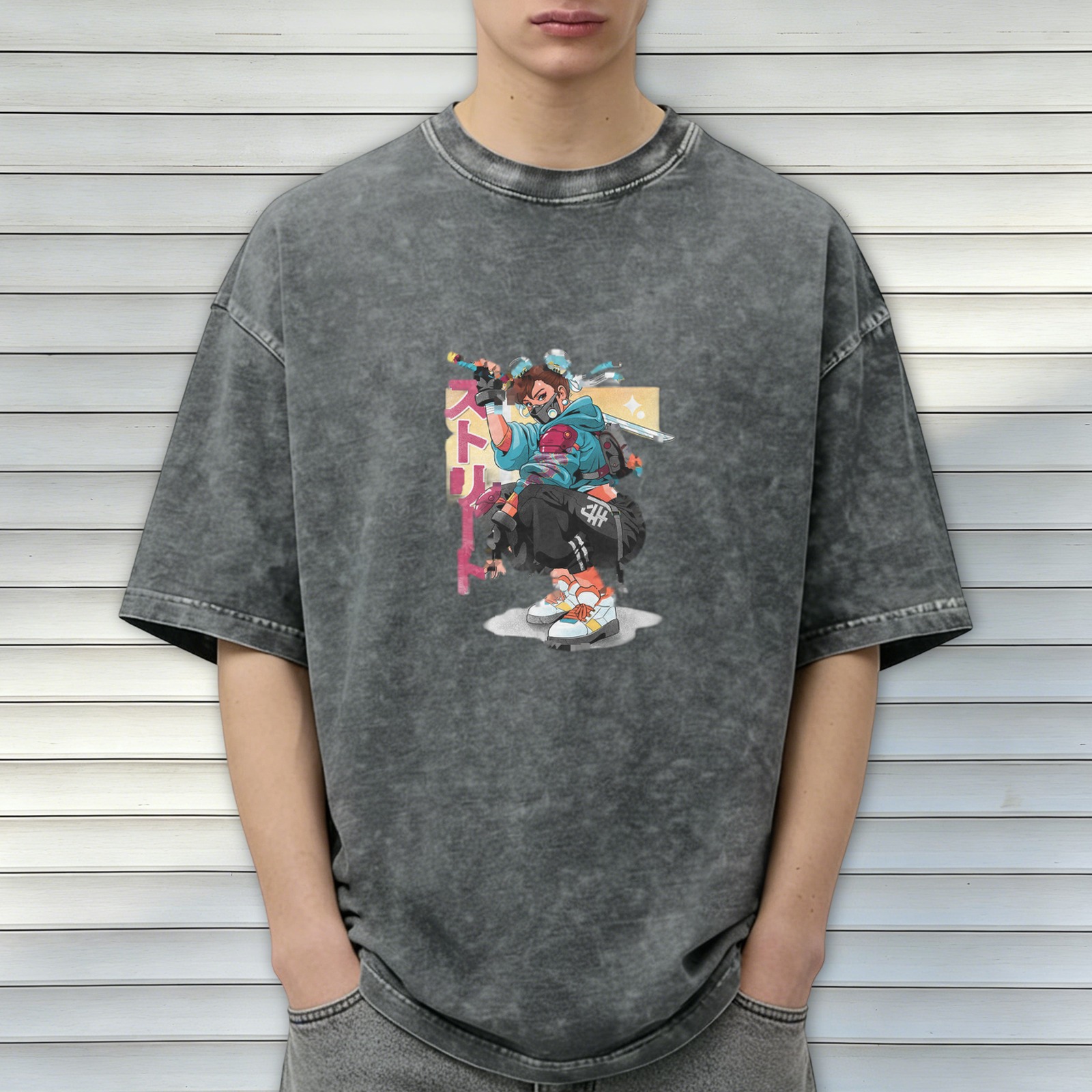 Oversized Acid Wash T-Shirt with Anime Cyberpunk Ninja Graphic