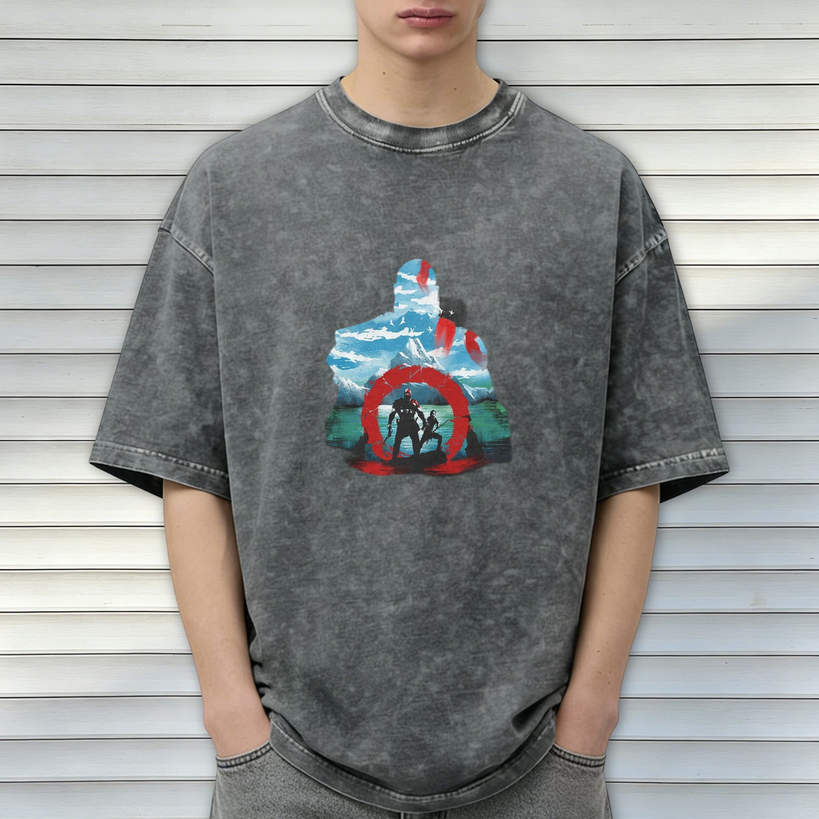 God of War themed distressed printed short-sleeved T-shirt, washed black loose style