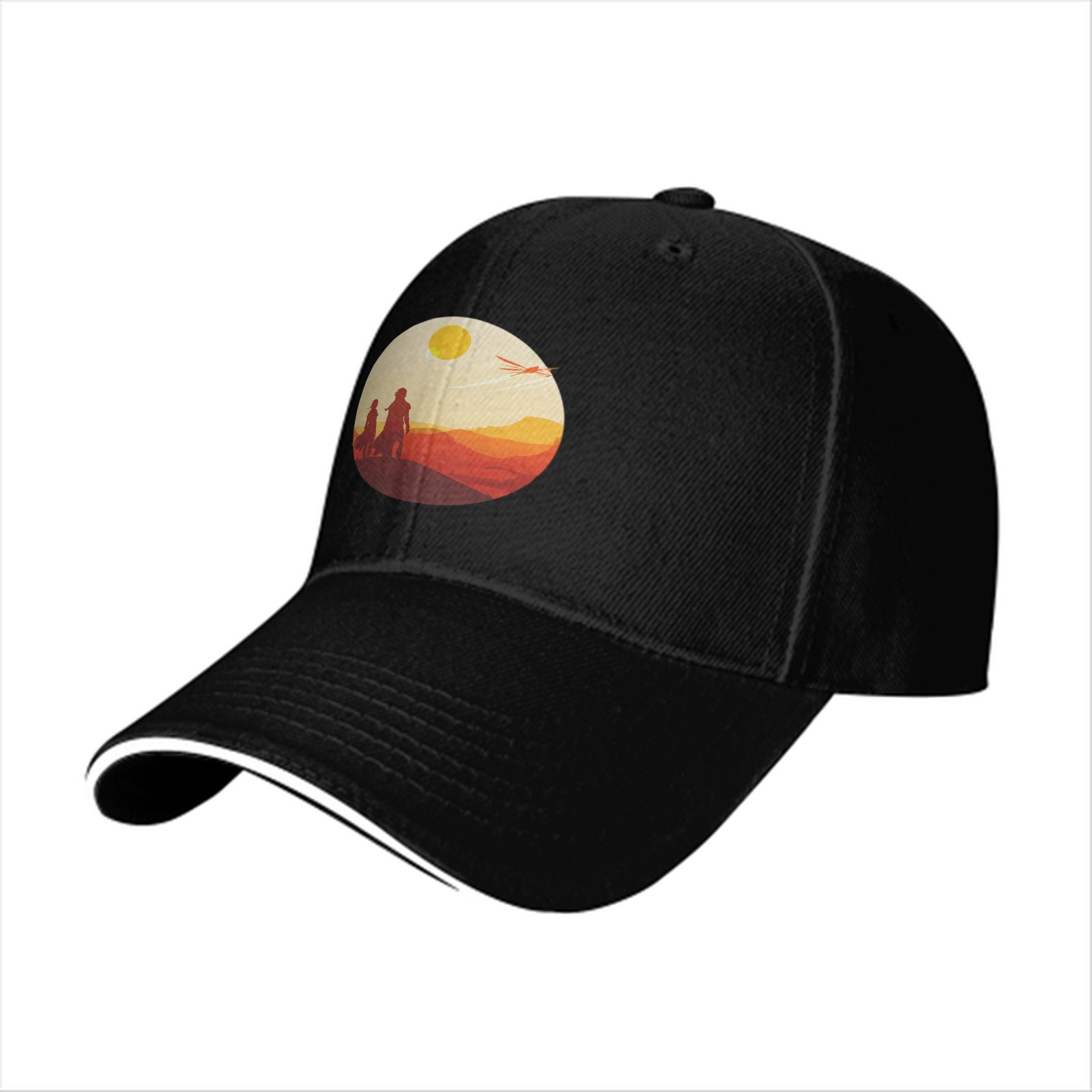 Black baseball cap with desert sunset silhouette print