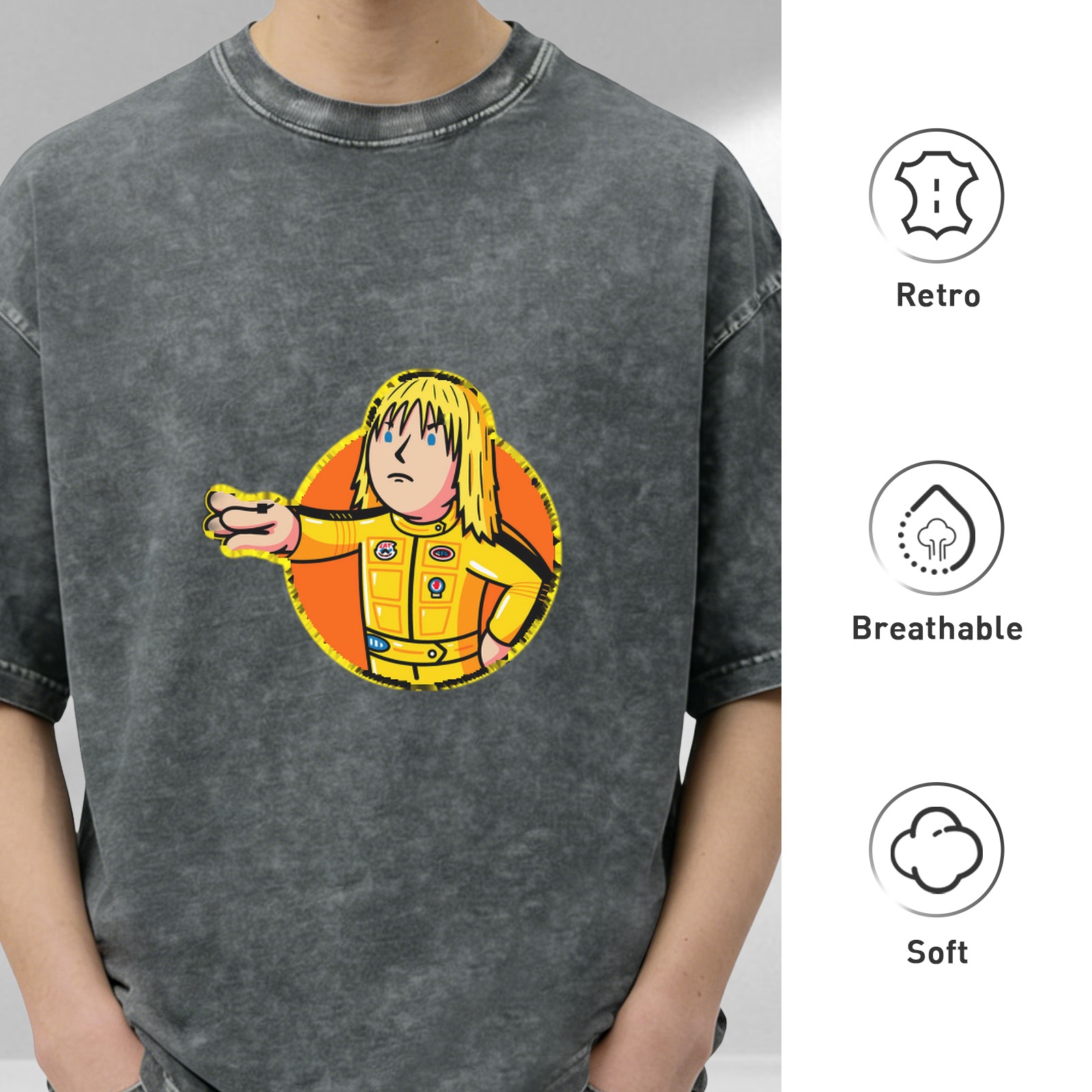 Oversized dark washed t-shirt with cartoon action figure graphic