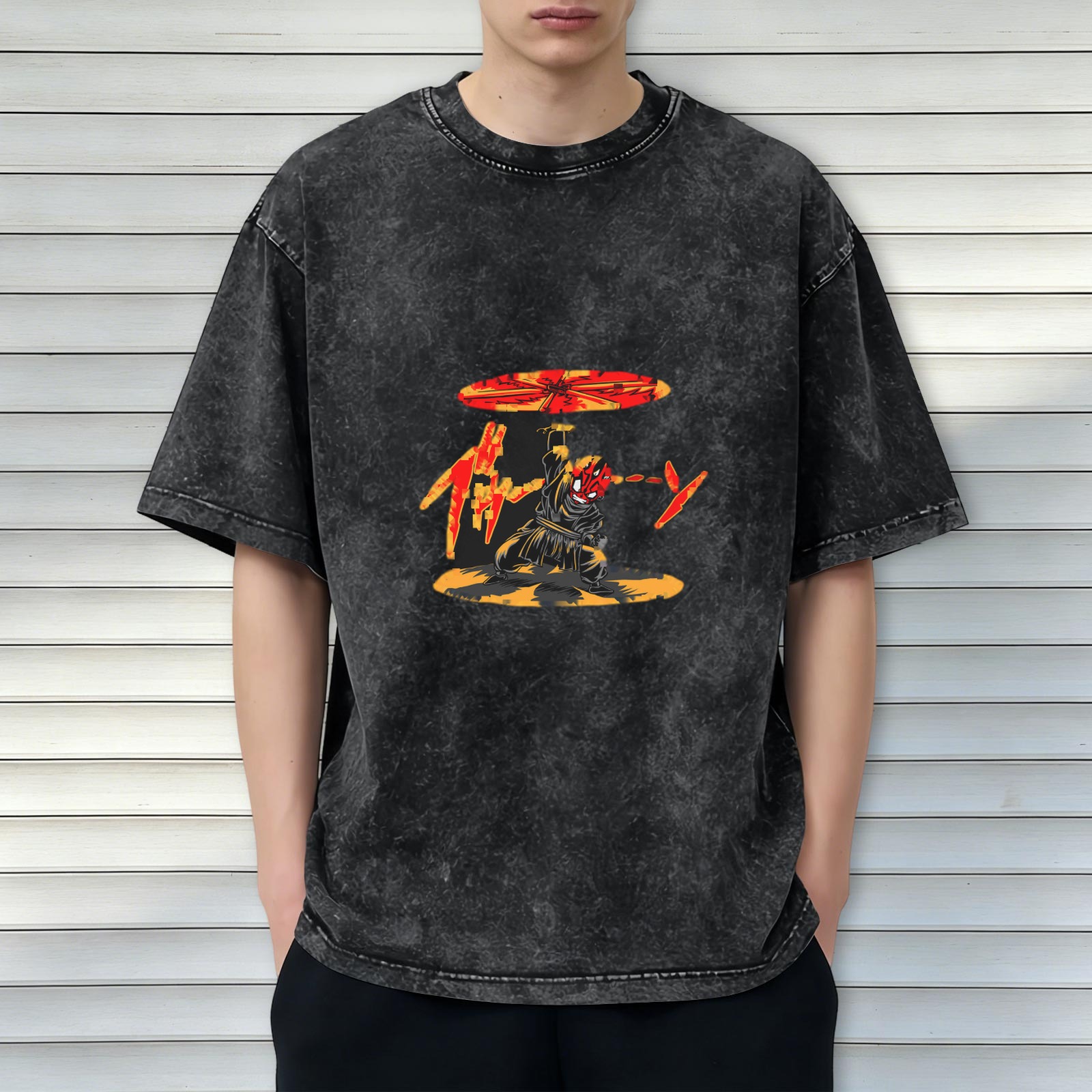 Oversized Acid Wash T-Shirt With Ninja Warrior Graphic Print