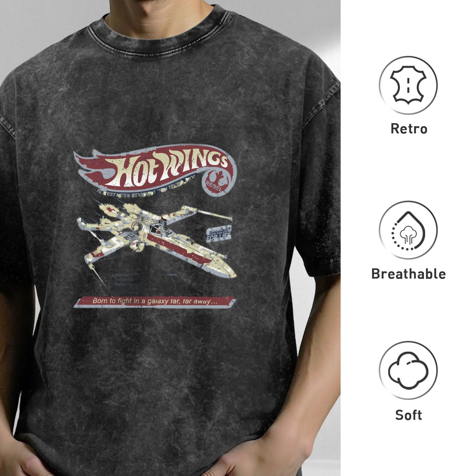 Vintage Wash 'Hot Wings' X-Wing Fighter Graphic T-Shirt - Star Wars Parody Design
