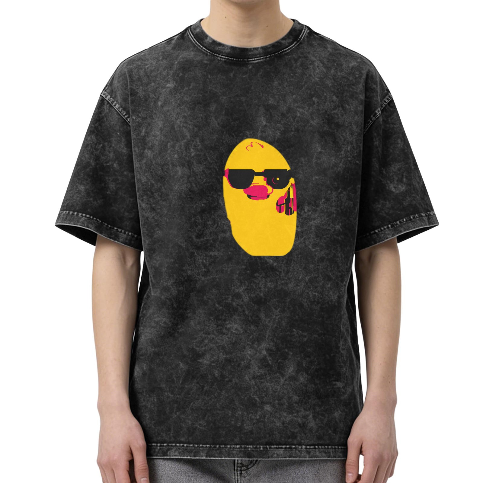 Washed Black T-Shirt With Cool Sunglass Duck Graphic