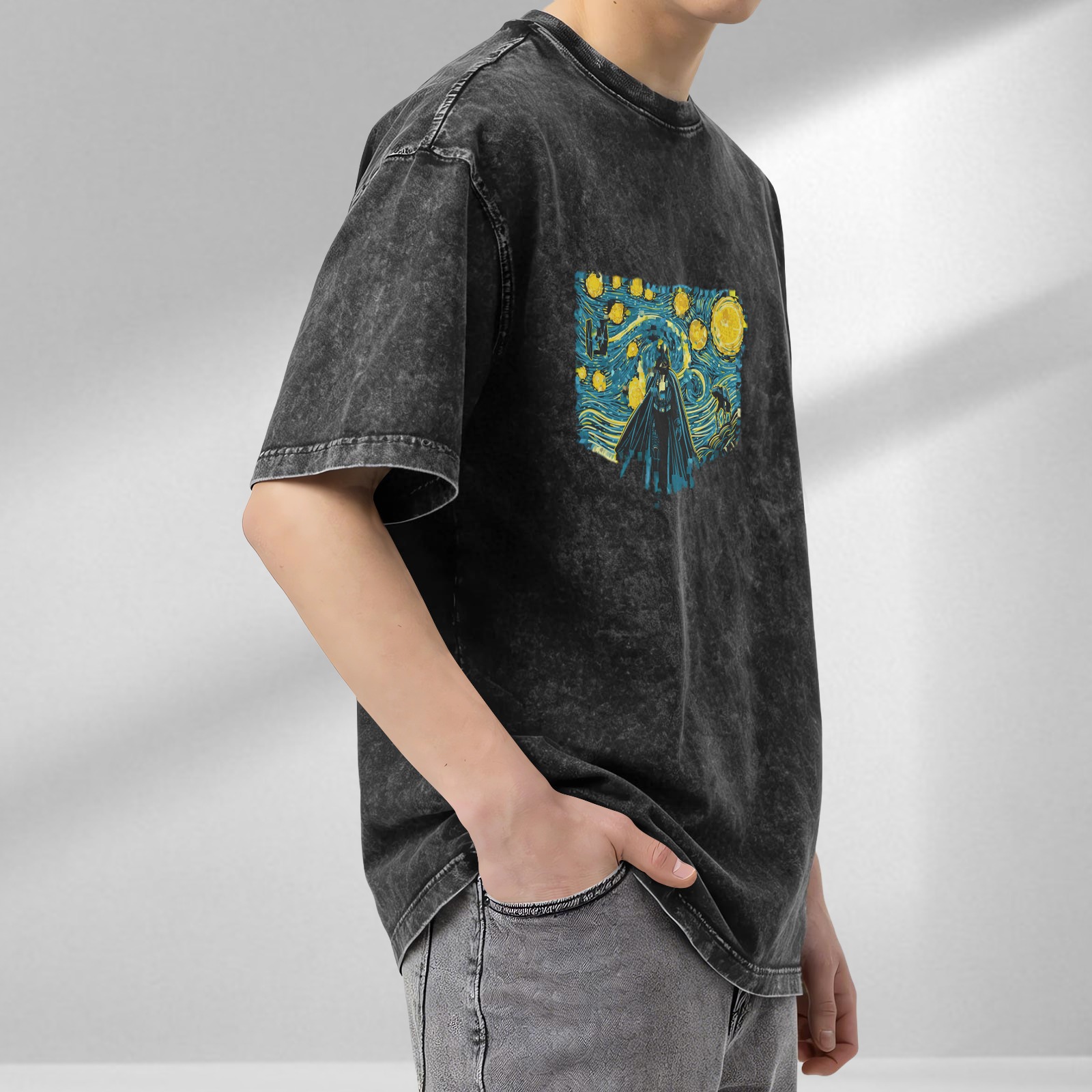 Washed black t-shirt with Star Wars Starry Night graphic