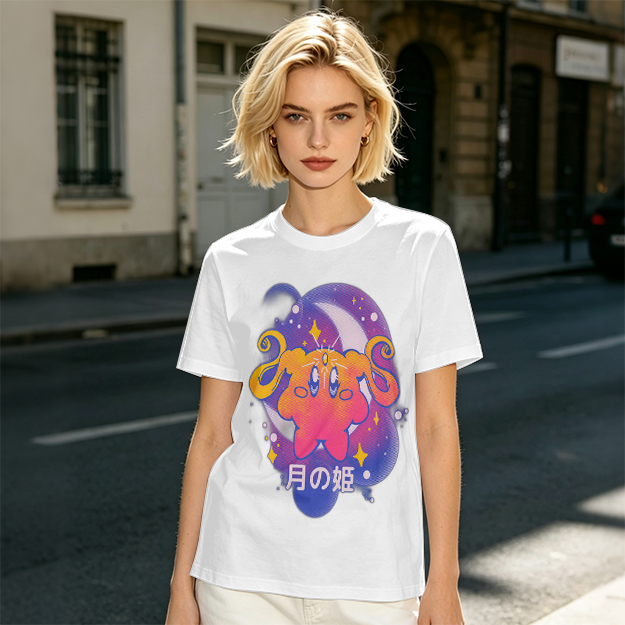 Olive t-shirt with cosmic cat and moon graphic print