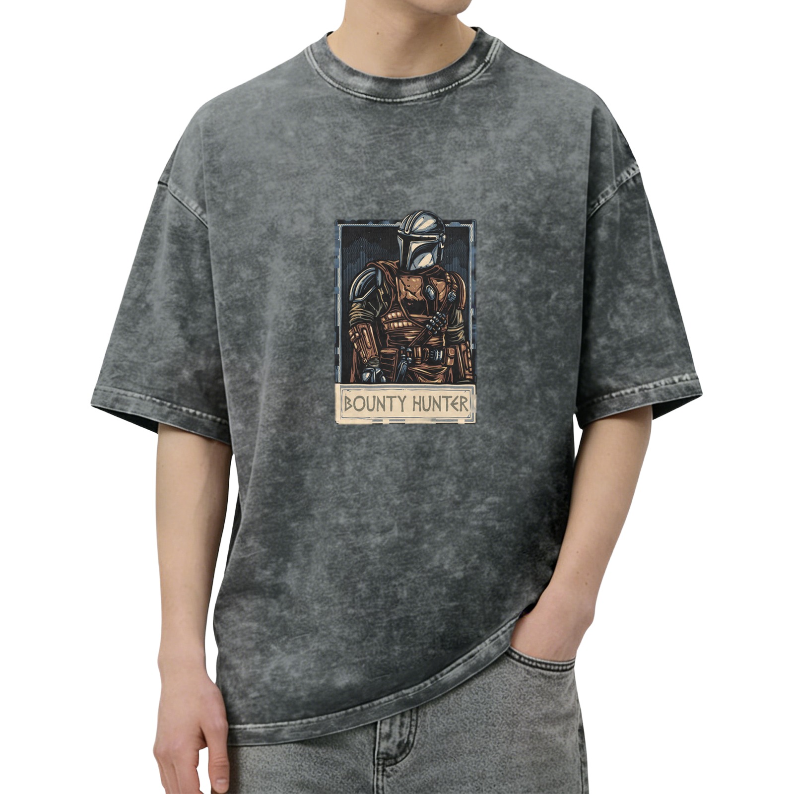 Washed Black T-Shirt With Mandalorian Bounty Hunter Print