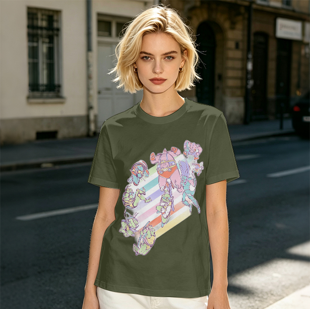 Olive Green T-Shirt With Pastel Whimsical Character Art Print