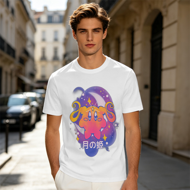 Olive t-shirt with cosmic cat and moon graphic print