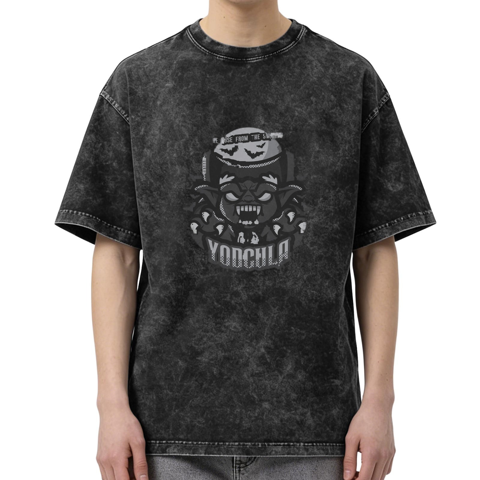Oversized dark washed graphic t-shirt with vampire monster print