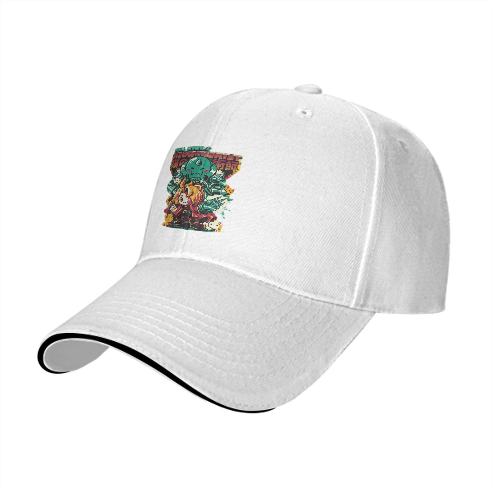 Black Baseball Cap with Anime Fantasy Creature Graphic Print