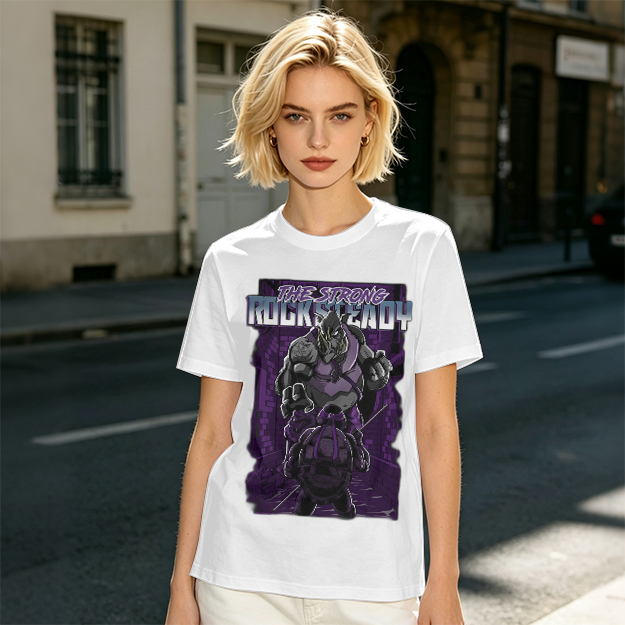 Olive green t-shirt featuring Rocksteady the strong mutant character