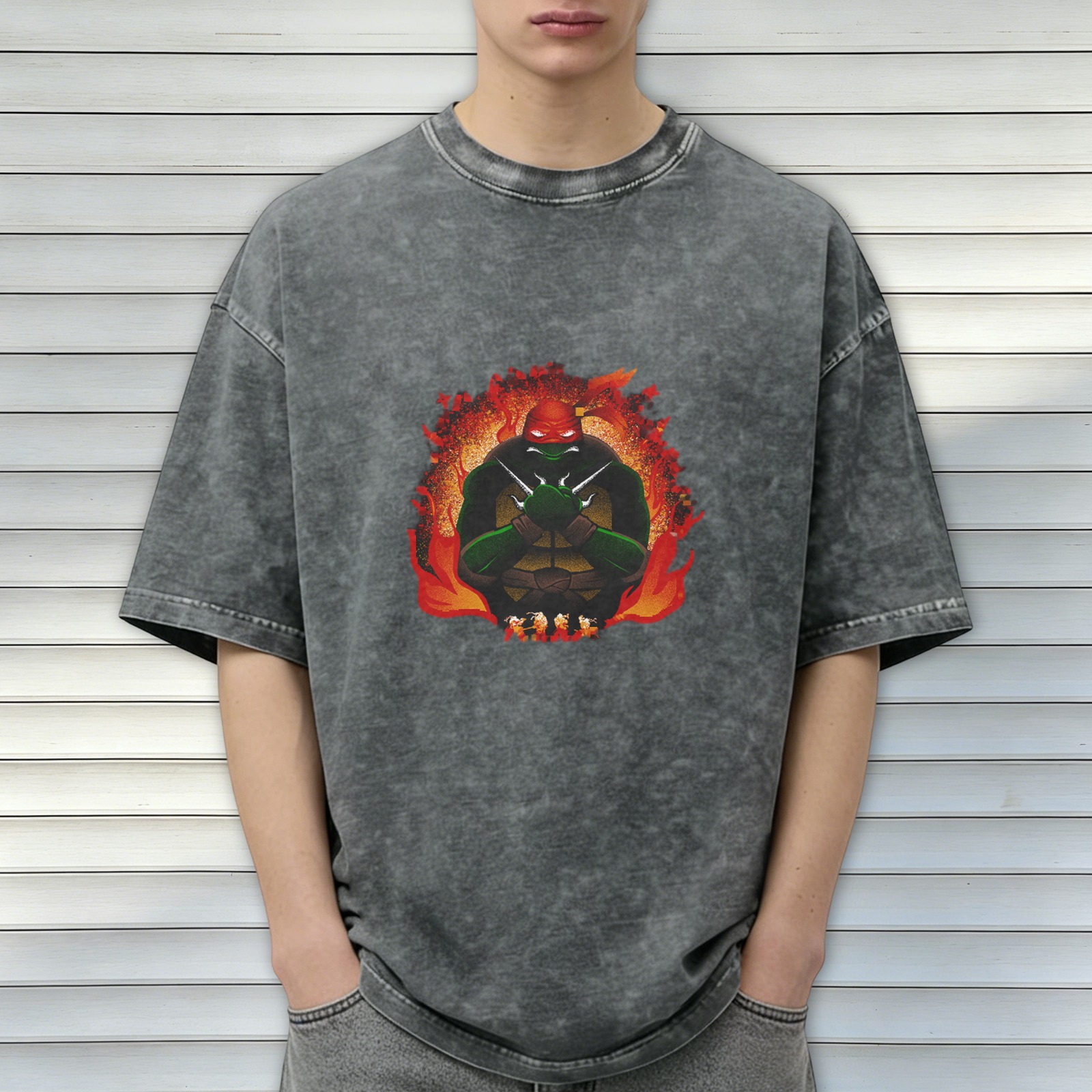 Washed Black T-Shirt With Ninja Turtle Raphael Fire Graphic