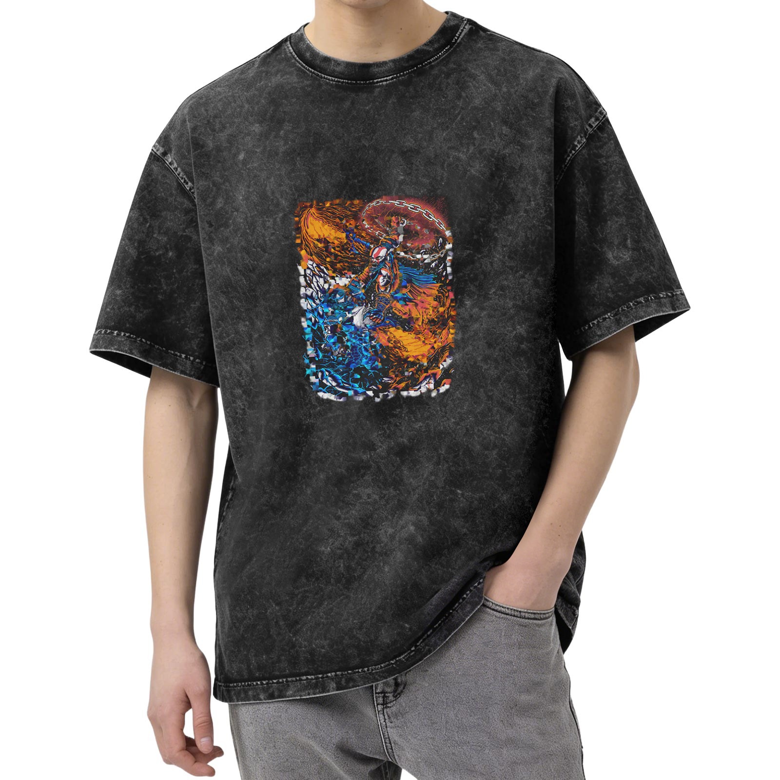 Oversized Acid Wash Graphic T-Shirt with Fire and Water Art Print