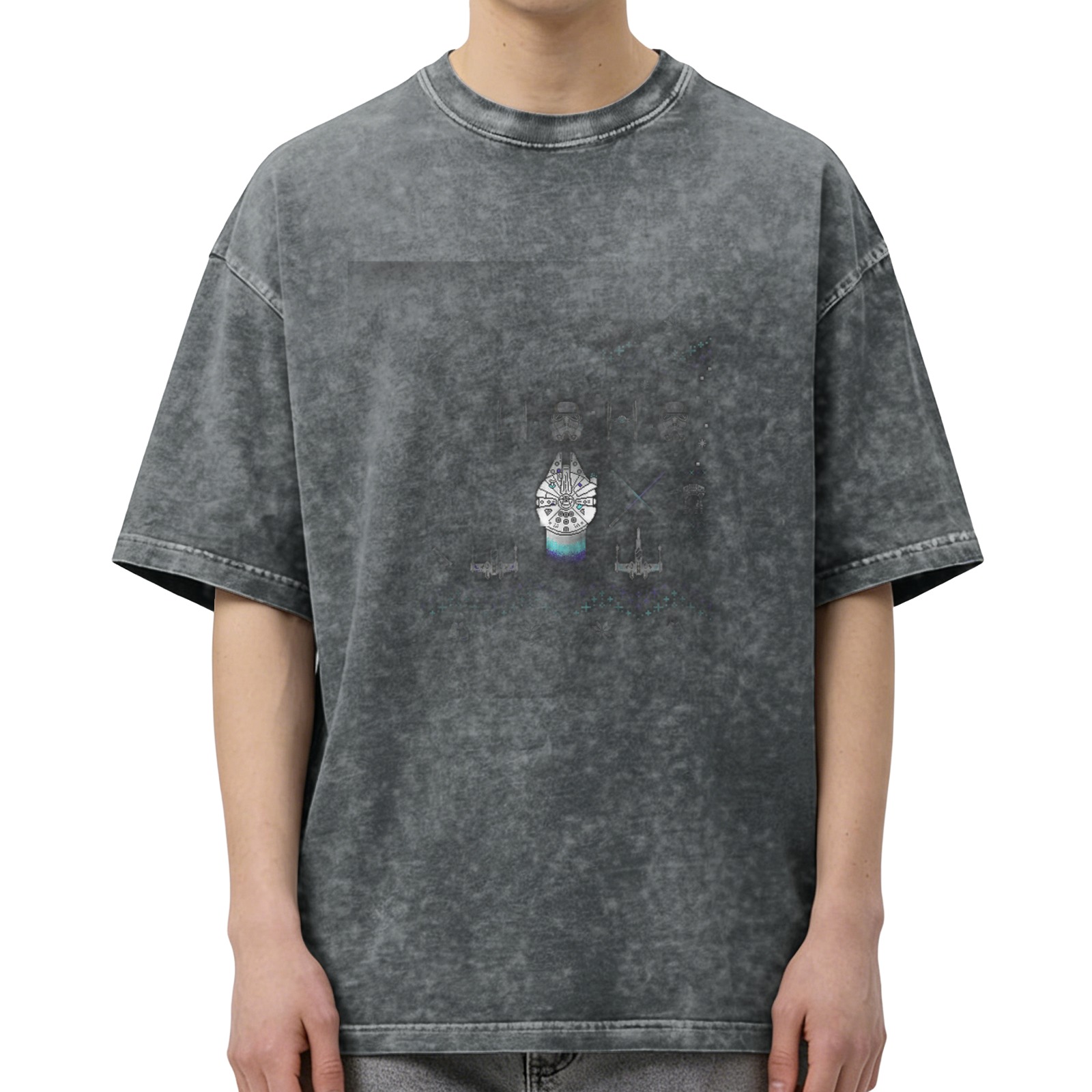 Oversized Dark Wash T-Shirt with Subtle Space Ship Graphic