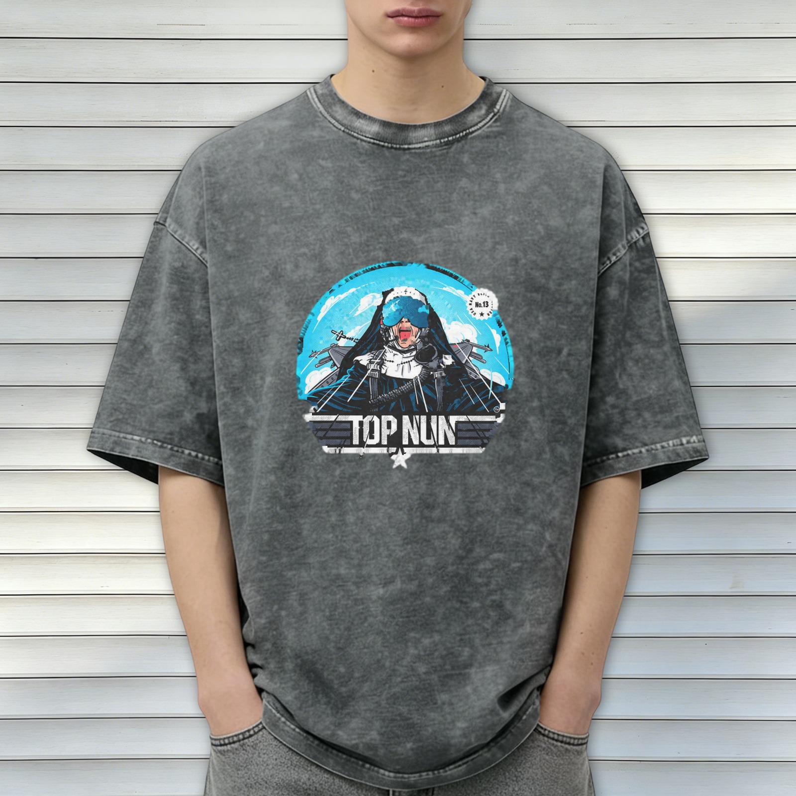 Oversized Dark Wash Graphic Tee With Top Nun Pilot Print