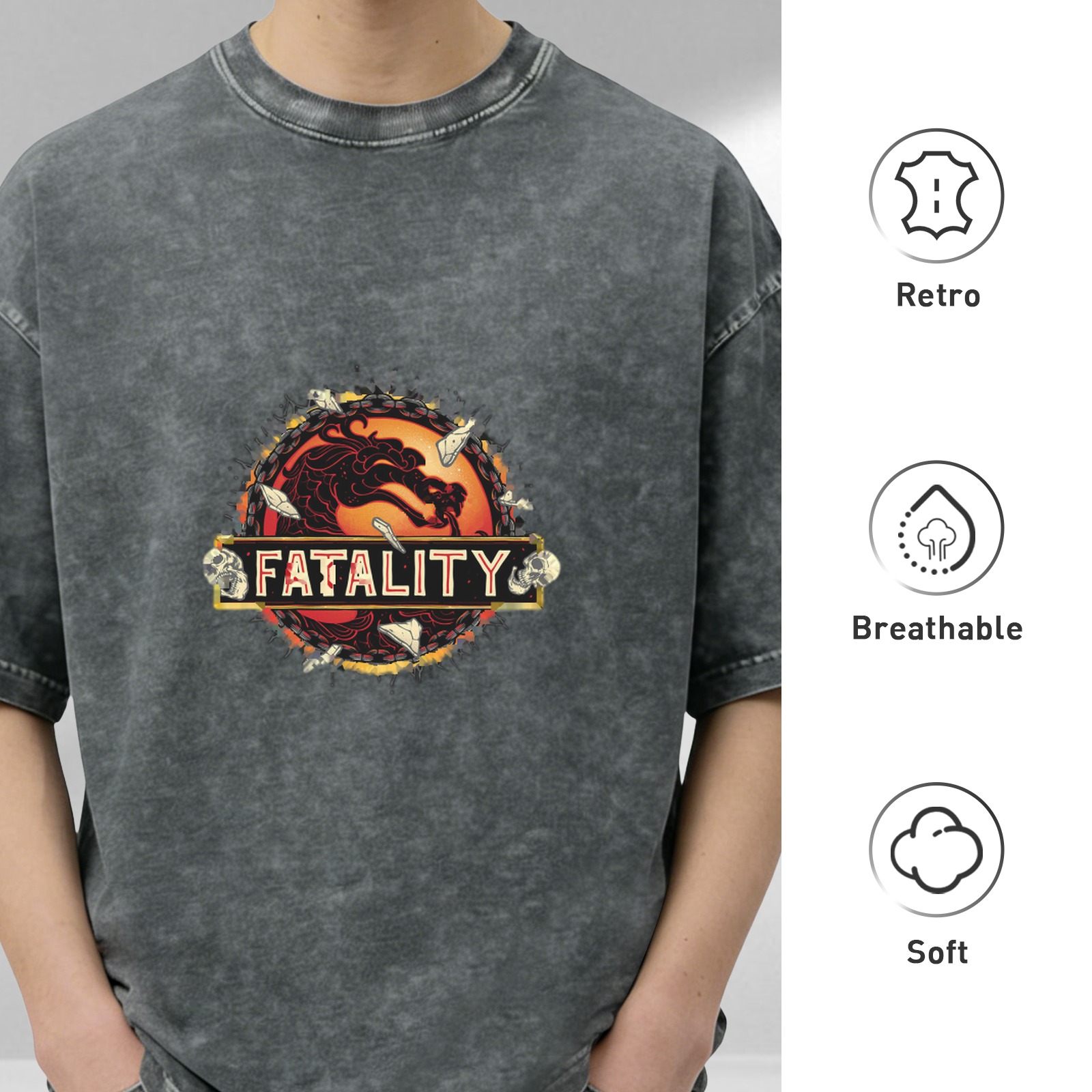 Mortal Kombat Fatality Graphic Acid Wash Black T-Shirt