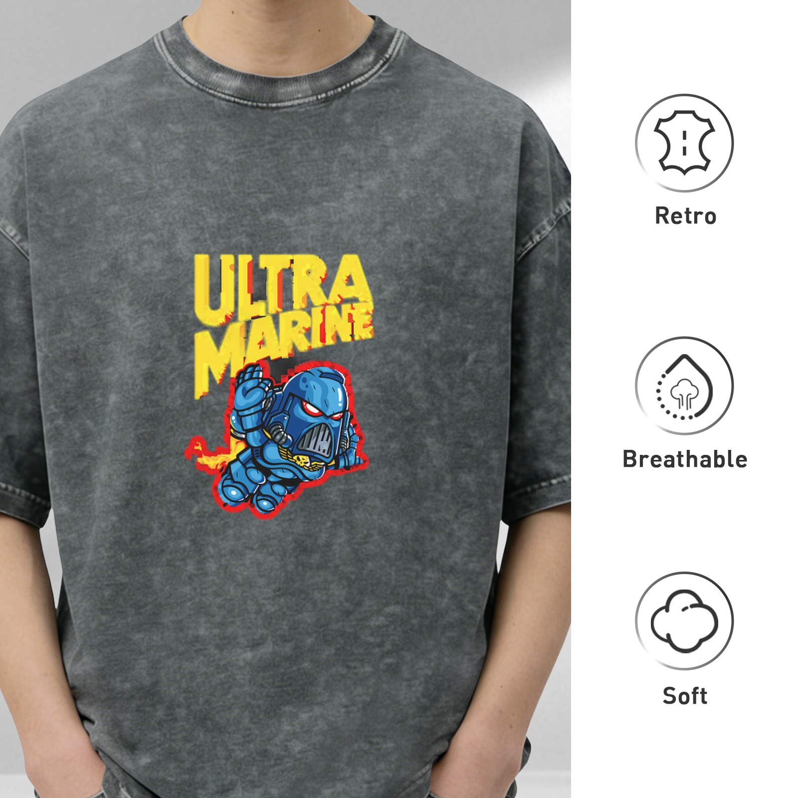 Warhammer 40k Ultramarine Space Marine Graphic Oversized Stone Wash T-Shirt