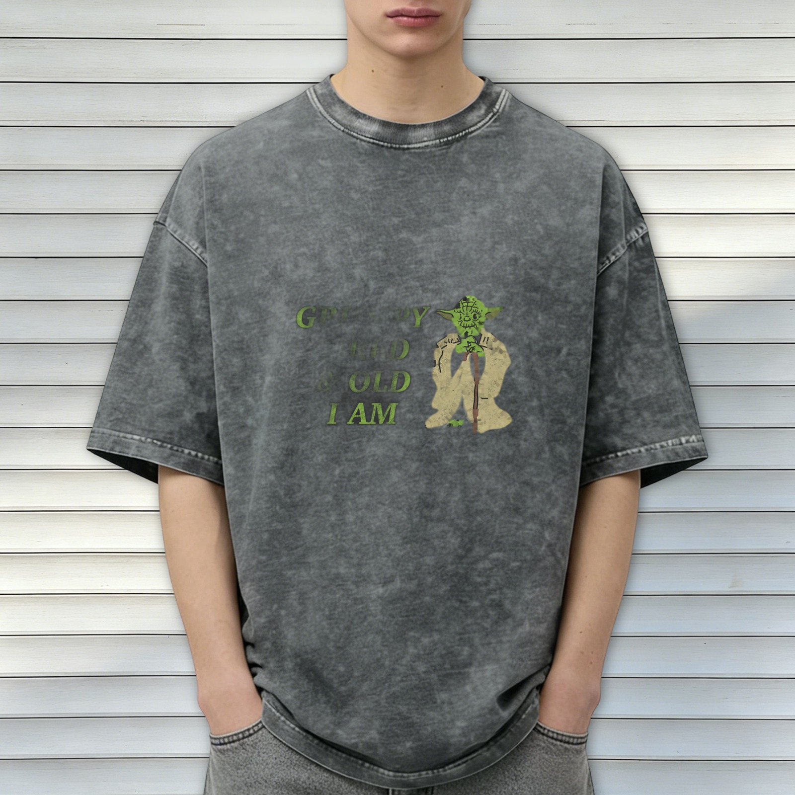 Worn black acid wash t-shirt with Yoda 'Grow Old I Am' print