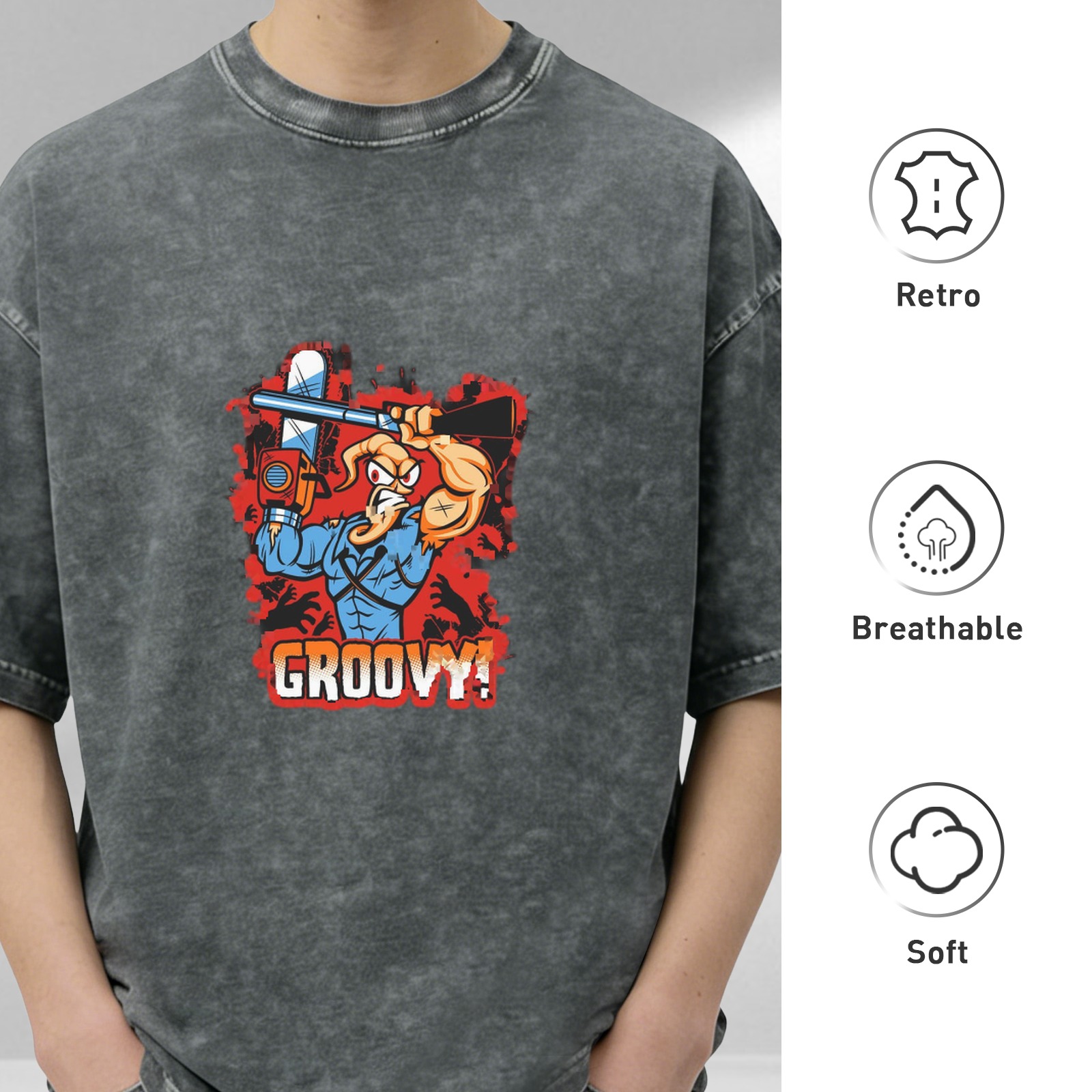 Vintage Washed Black T-Shirt with Cartoon Muscle Character Holding Chainsaw and 'GROOVY!' Graphic Print