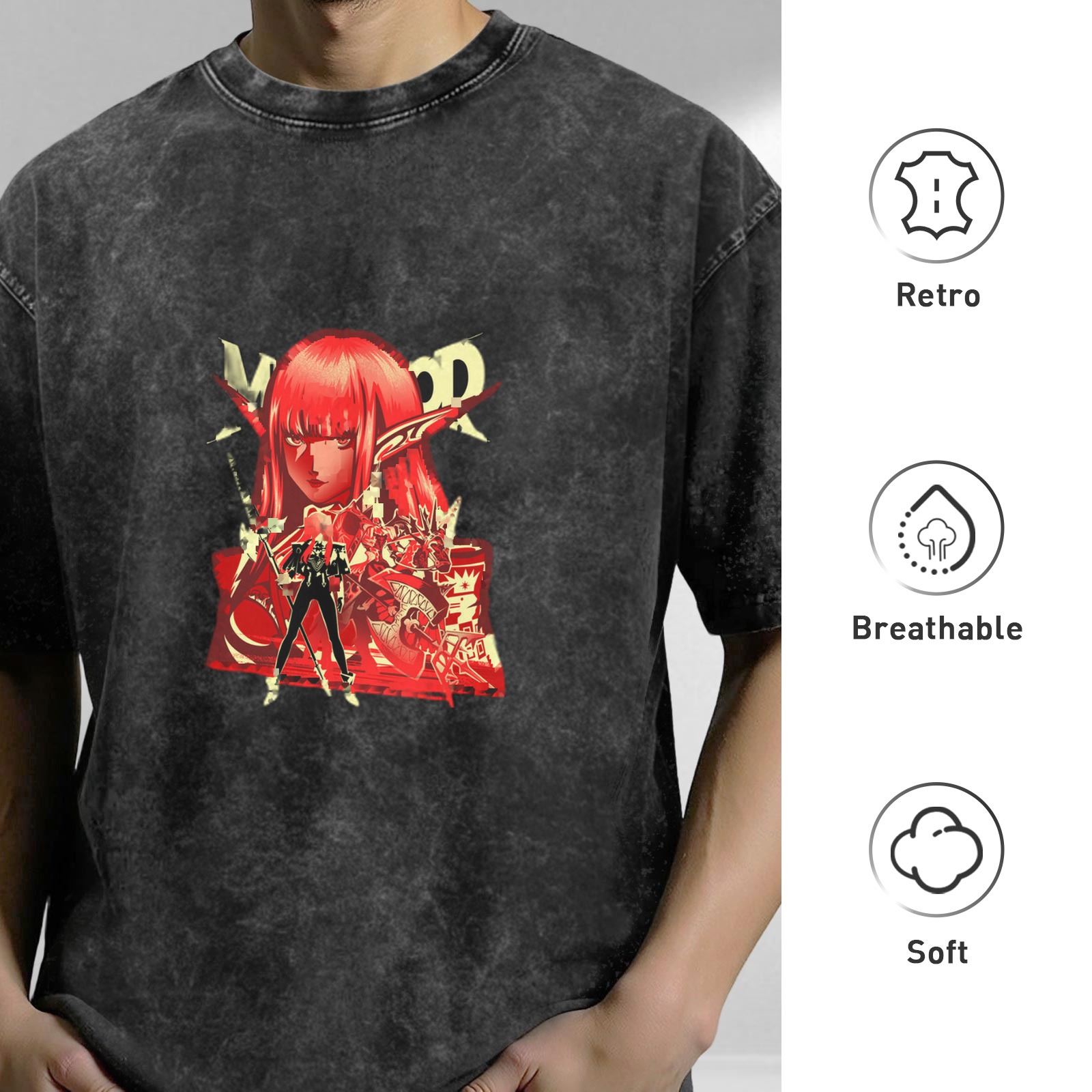 Oversized Acid Wash T-Shirt with Anime Elf Warrior Graphic Print