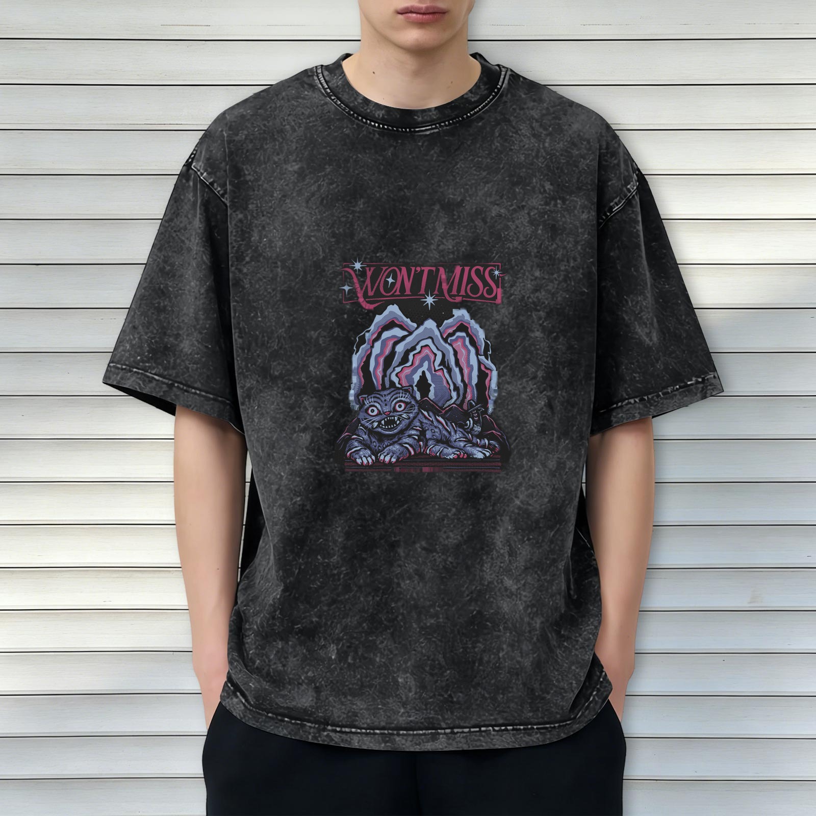 Wont Miss Graphic Acid Wash Oversized T-Shirt With Cheshire Cat Print