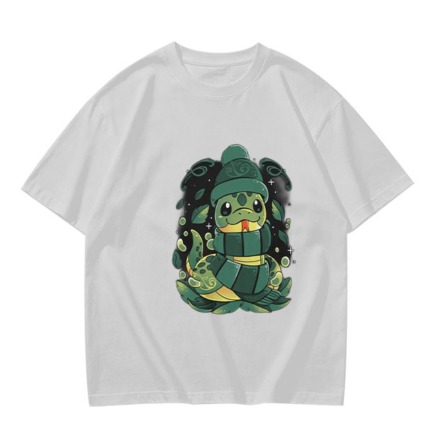 Olive Green T-Shirt With Cute Cartoon Snake Graphic