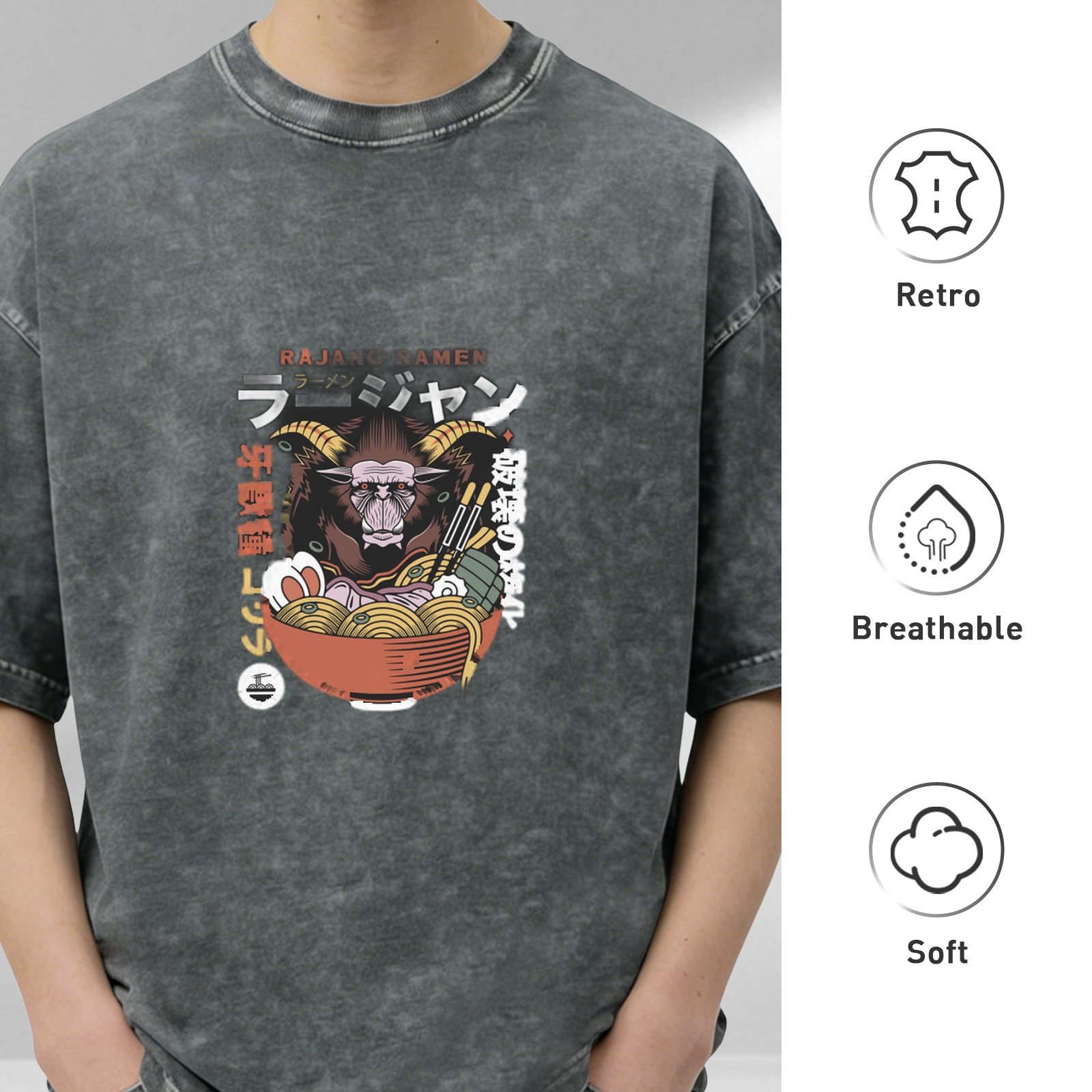 Oversized Acid Wash T-Shirt With Monster Ramen Graphic Print