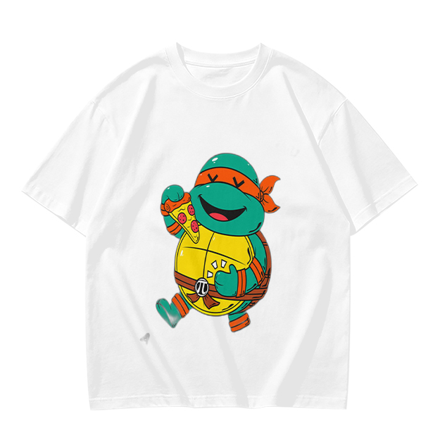 Olive T-shirt with cartoon ninja turtle holding pizza graphic